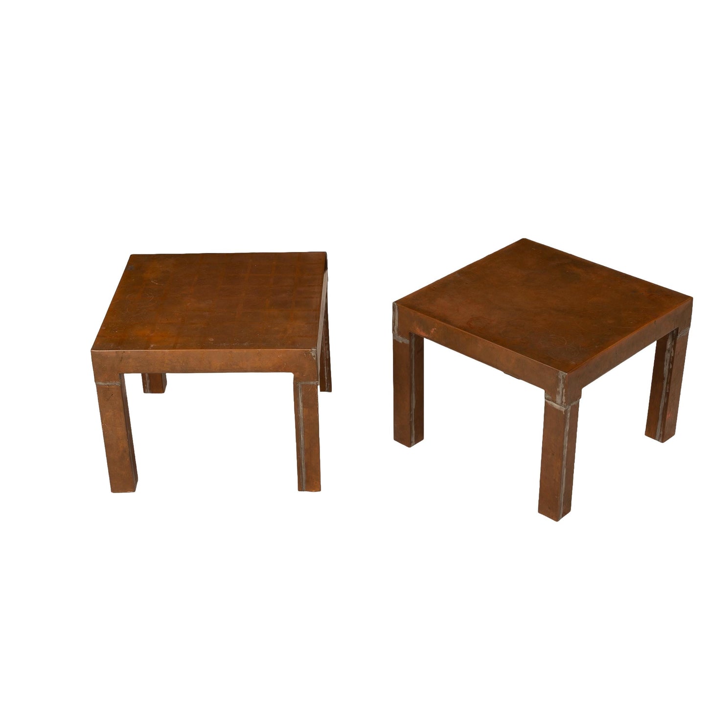 1970s Parsons Style Copper Clad Side Tables – Square Low Accent Tables Vintage Modern Brutalist 17x17x13.25 Inch – Pair