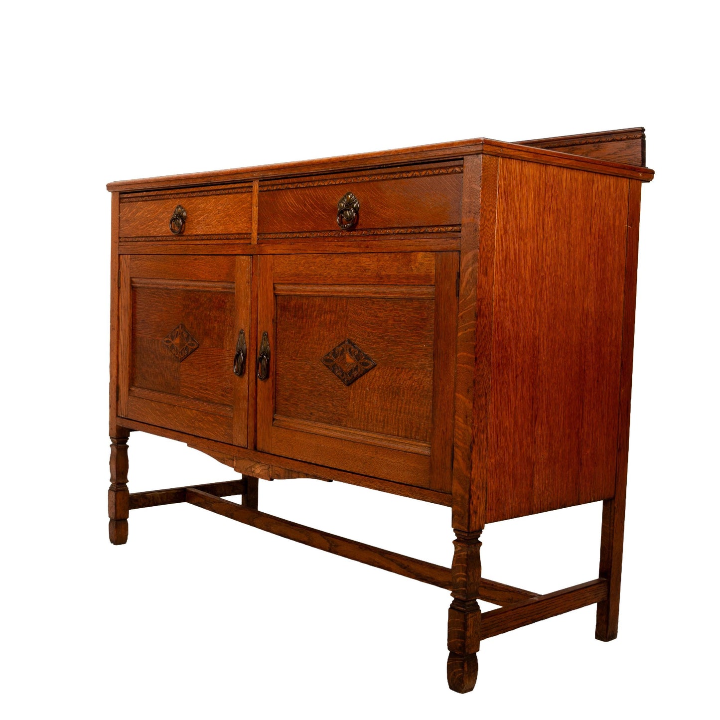 1940s English Jacobean Style Carved Tiger Oak Sideboard Buffet Credenza | Antique Server Cabinet | Vintage Dining Room Furniture