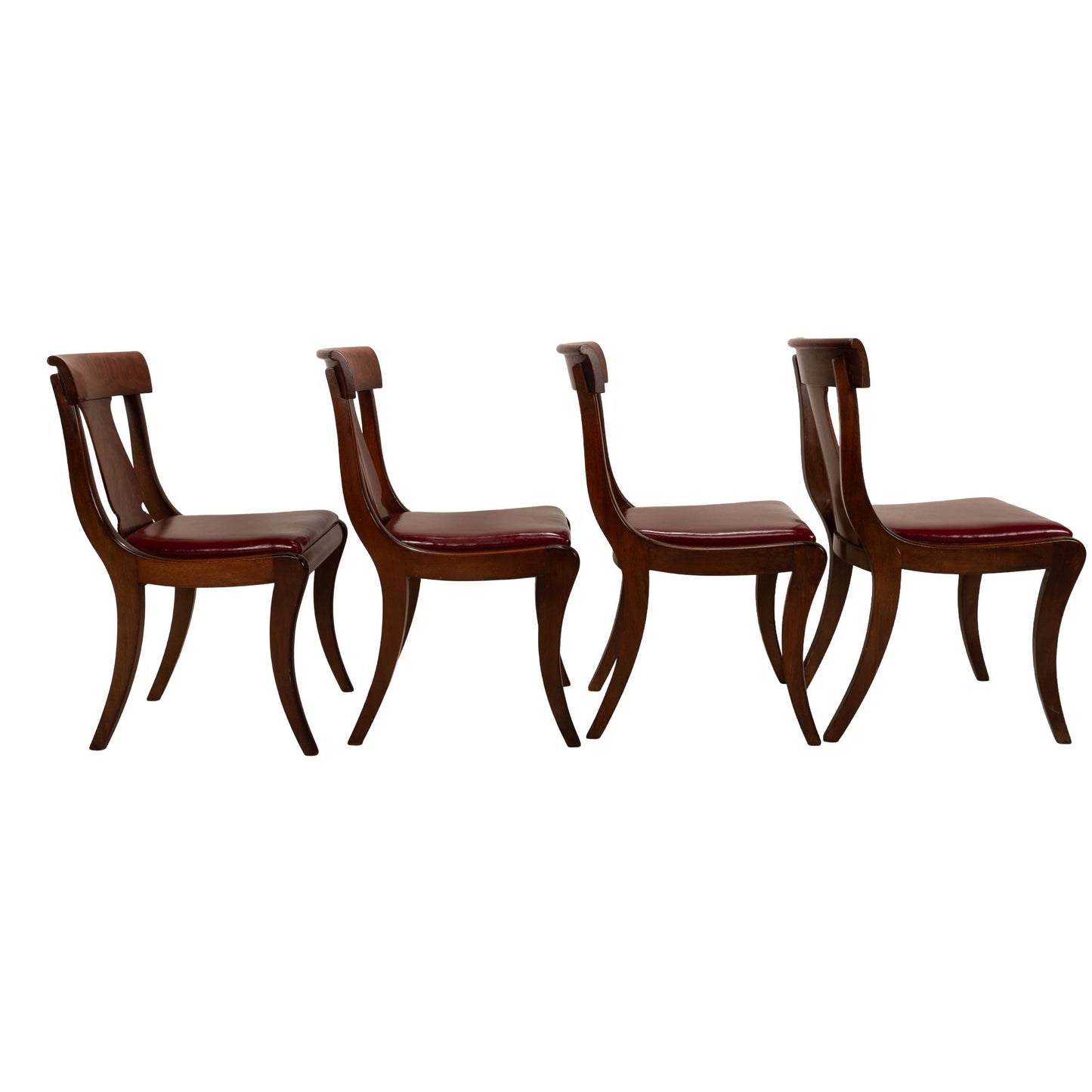 Antique 19th Century Flame Mahogany Gondola Dining Chairs with Saber Legs – Set of 4, Vintage Neoclassical Dining Seating