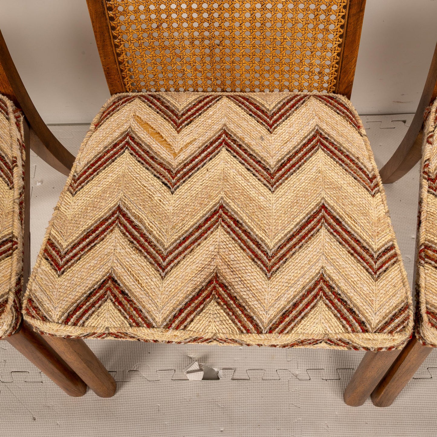 1970s Mid Century Modern Drexel Caned Back Chevron Dining Side Chairs- Set of 4 - Need Reupholstered