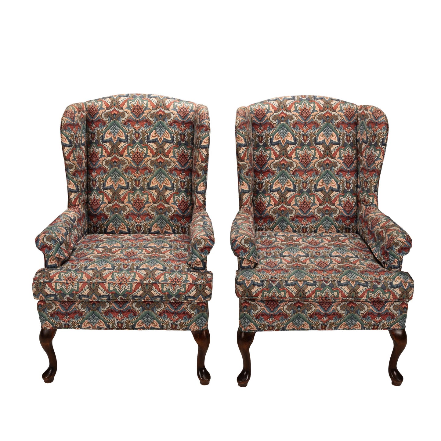 1970s Queen Anne Chippendale Wingback Chairs | Paisley Print Armchair Pair | Vintage Accent Seating Traditional Style USA Shipping Available