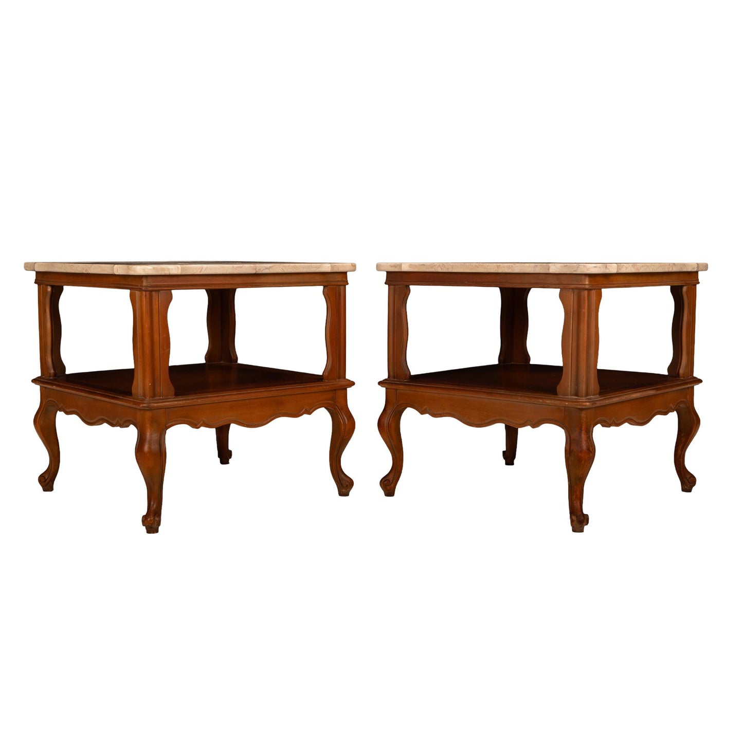 Pair Vintage Queen Anne Carved Side Tables with Portuguese Cream Marble Tops - Classic Traditional Accent End Tables