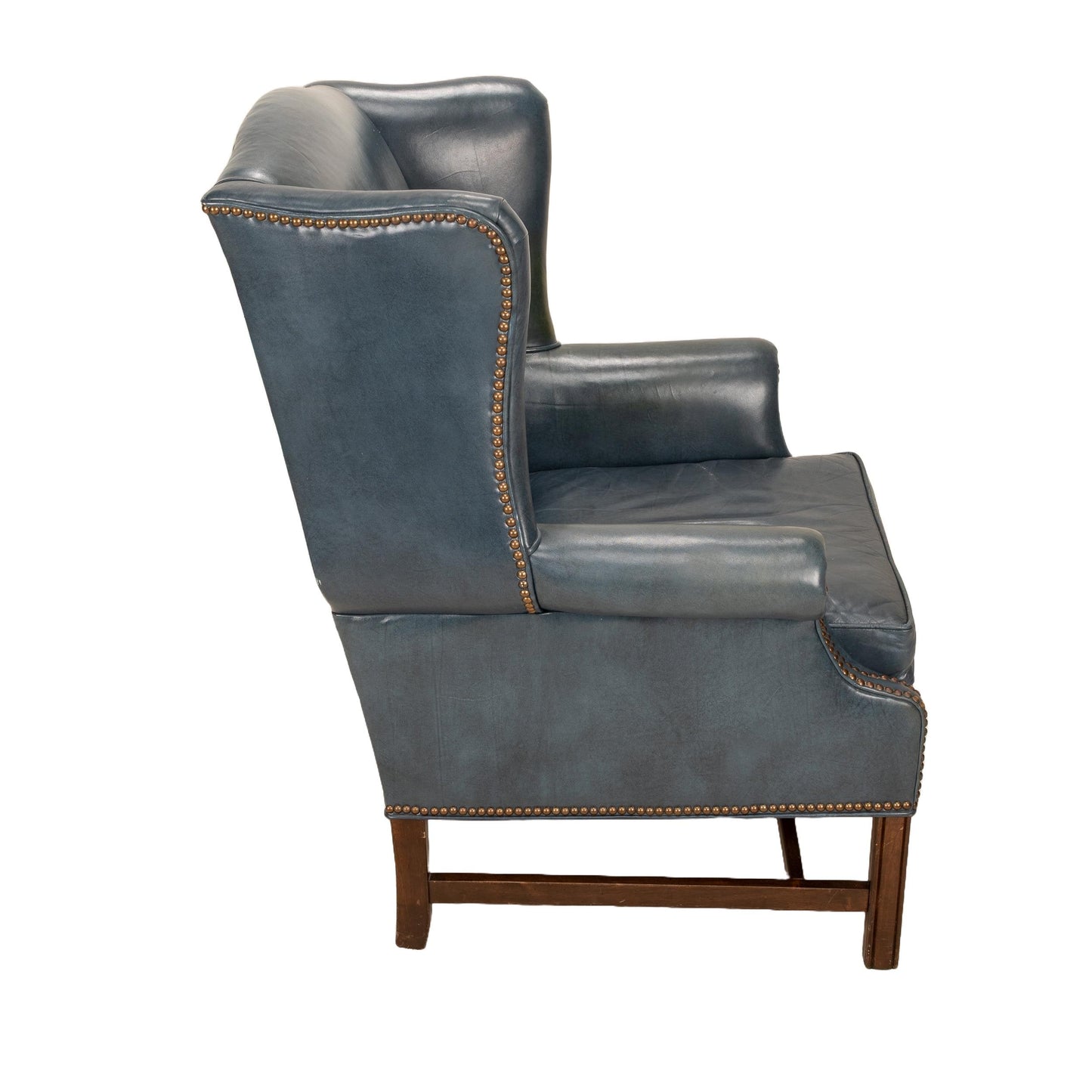 Ethan Allen Chippendale Wingback Chair & Ottoman – Blue 100% Leather Armchair – Brass Nailhead Studs – Vintage Library or Study Chair