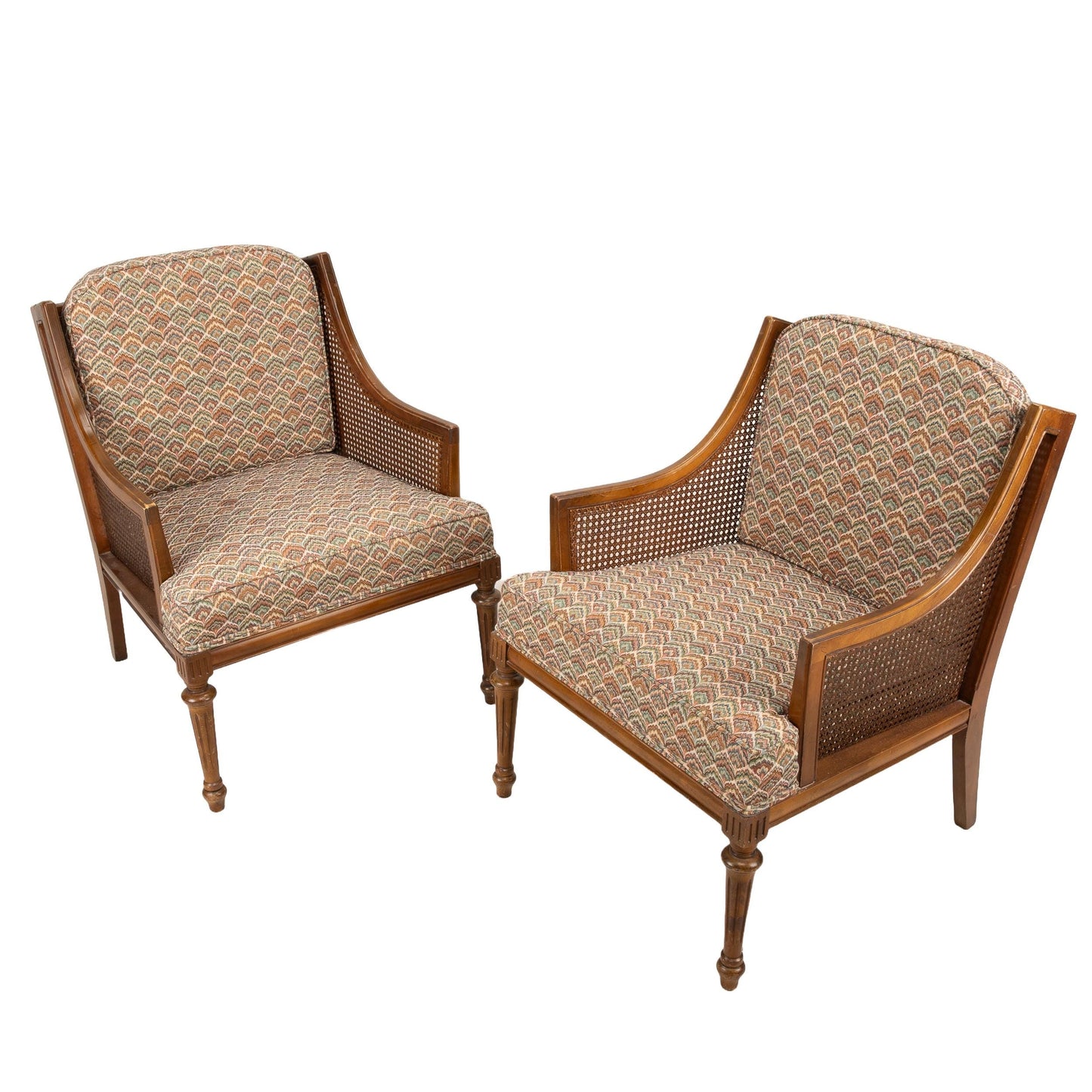 Pair of 1960s French Caned Bergère Chairs – Hollywood Regency Style with Flamestitch Upholstery, Vintage Armchairs Accent Seating