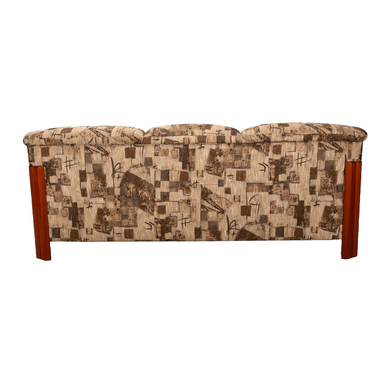 1980s Scandinavian Mid Century Modern Style Teak Upholstered Sofa Postmodern Print Fabric Statement Piece Unique Furniture