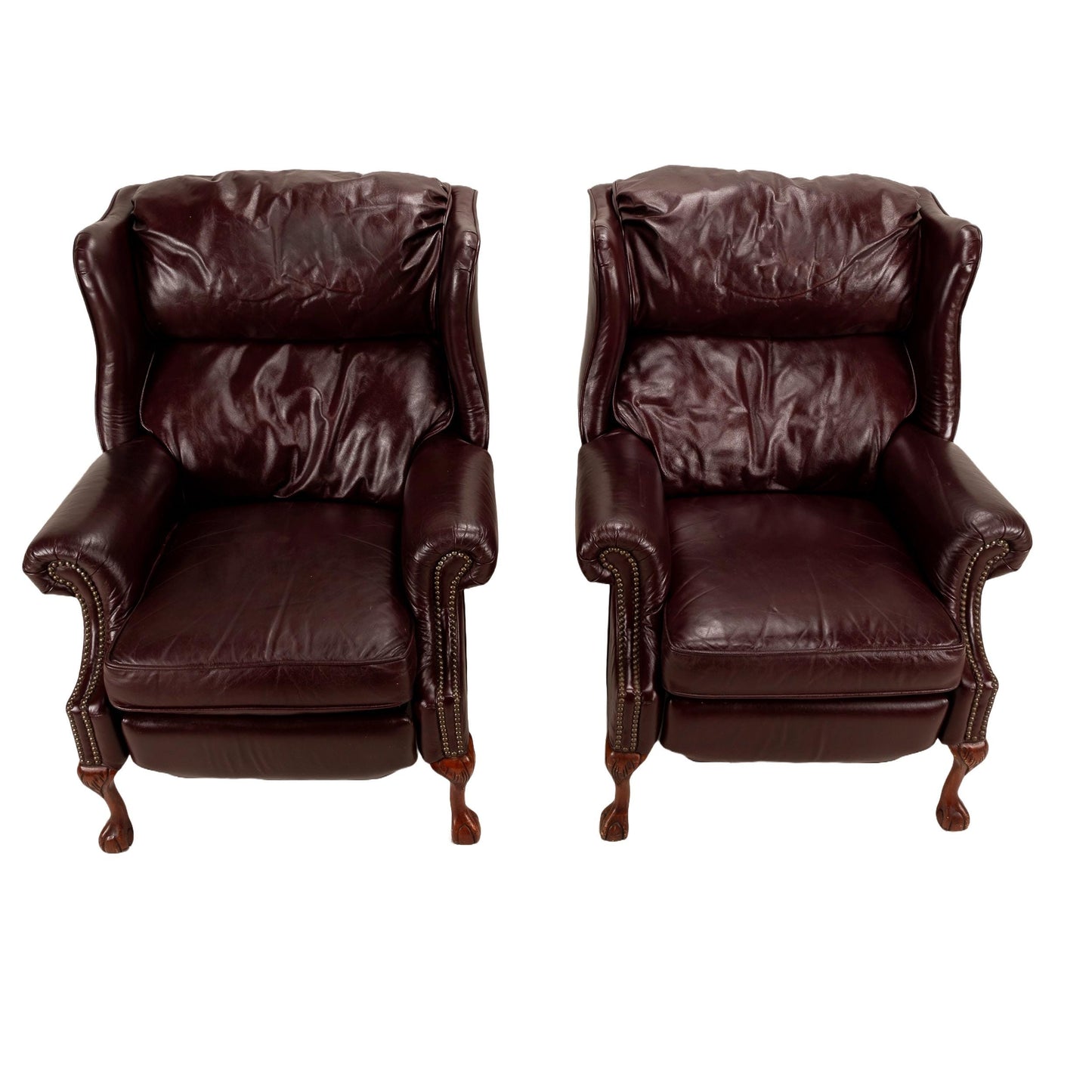 Vintage Barcalounger Recliner Chairs – Burgundy Leather Wingback Pair W/ Nailhead Trim, Traditional Club Style, Comfortable Seating USA Made
