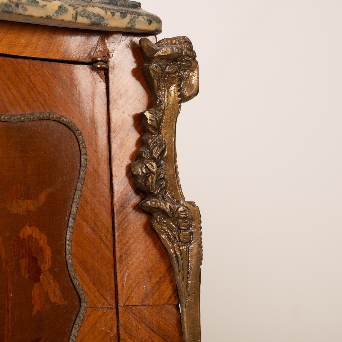 Antique French Louis XV Style Commode W/ Green Marble Top & Marquetry Inlay