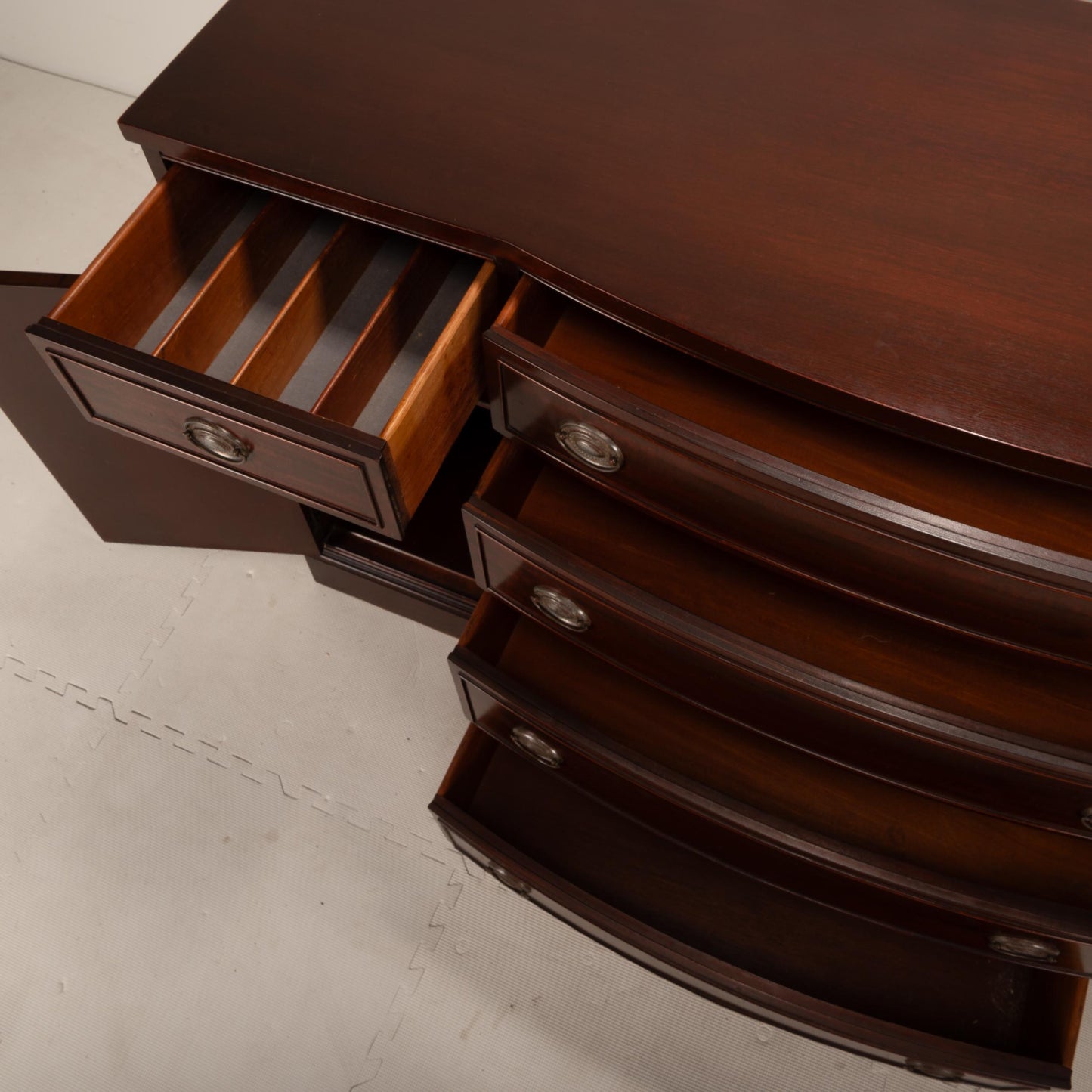 1940s Rway Northern Furniture Co Mahogany Bow Front Buffet Server Sideboard, Elegant Dining Room Furniture, Classic Piece