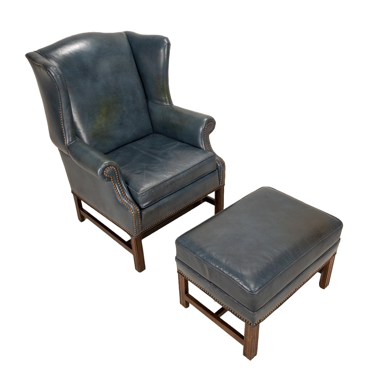 Ethan Allen Chippendale Wingback Chair & Ottoman – Blue 100% Leather Armchair – Brass Nailhead Studs – Vintage Library or Study Chair