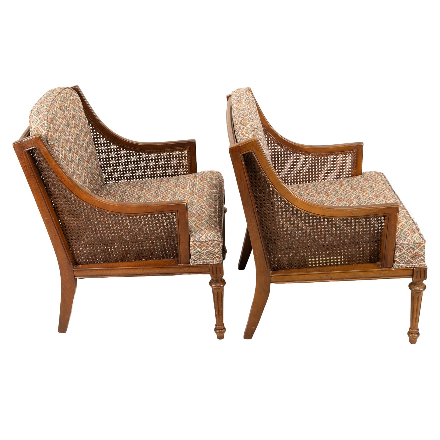 Pair of 1960s French Caned Bergère Chairs – Hollywood Regency Style with Flamestitch Upholstery, Vintage Armchairs Accent Seating