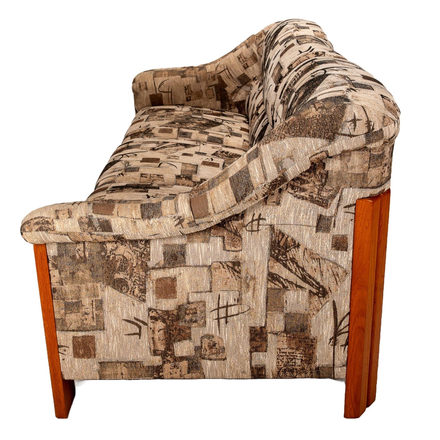 1980s Scandinavian Mid Century Modern Style Teak Upholstered Sofa Postmodern Print Fabric Statement Piece Unique Furniture