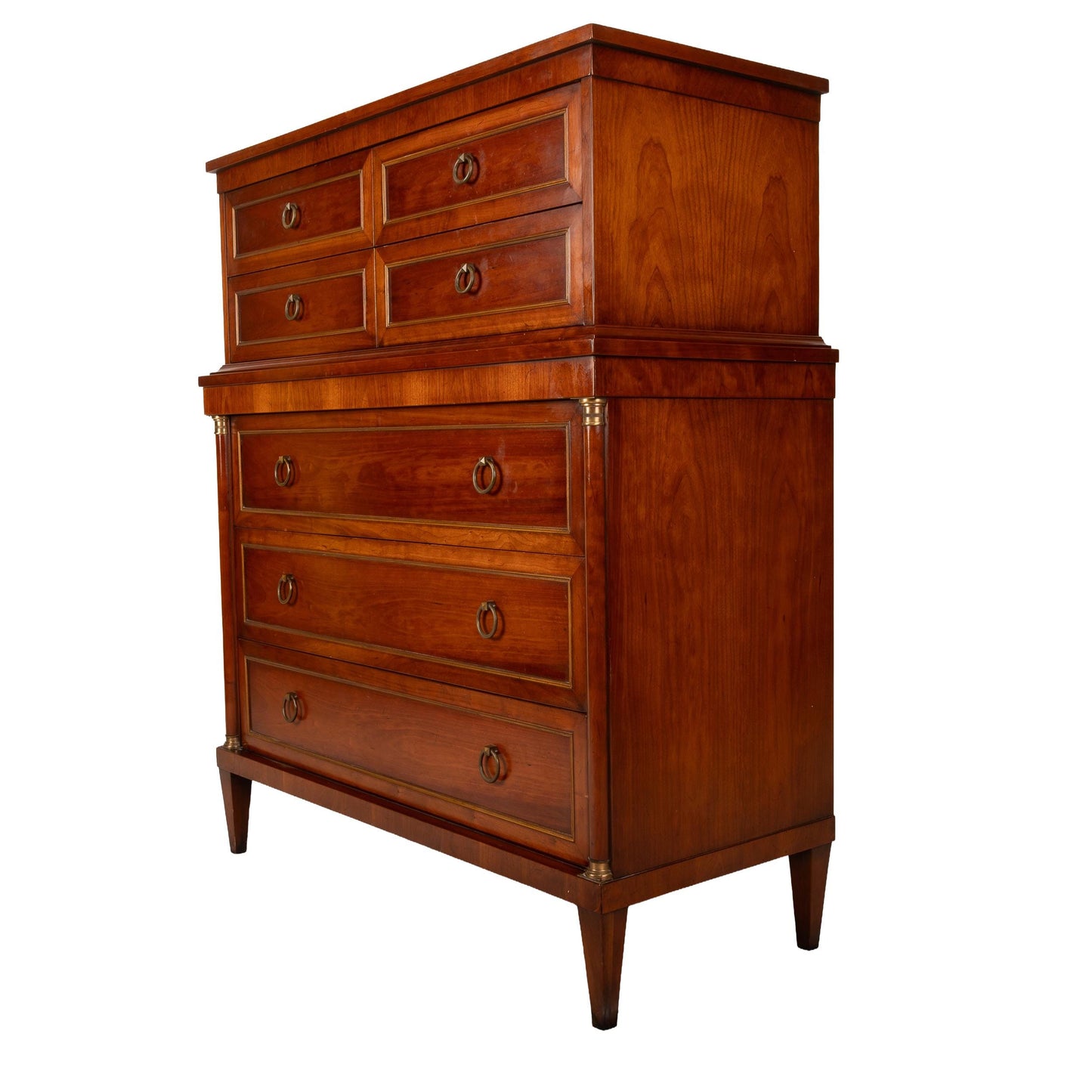 1940s Louis XVI Empire Style Highboy Dresser Brass Hardware, 7 Drawer French Inspired Chest, Vintage Bedroom Furniture, Art Deco Handles