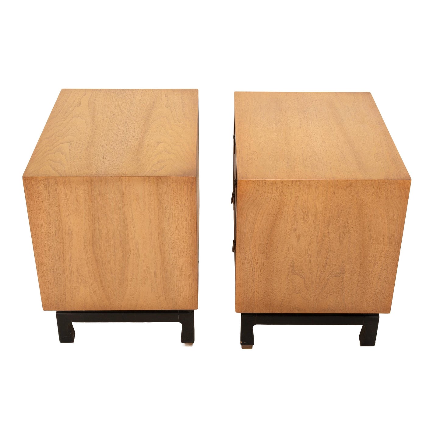Pair of American of Martinsville Nightstands – Asian Inspired Blonde Walnut, Mid Century Modern 3-Drawer Side Tables, Vintage MCM