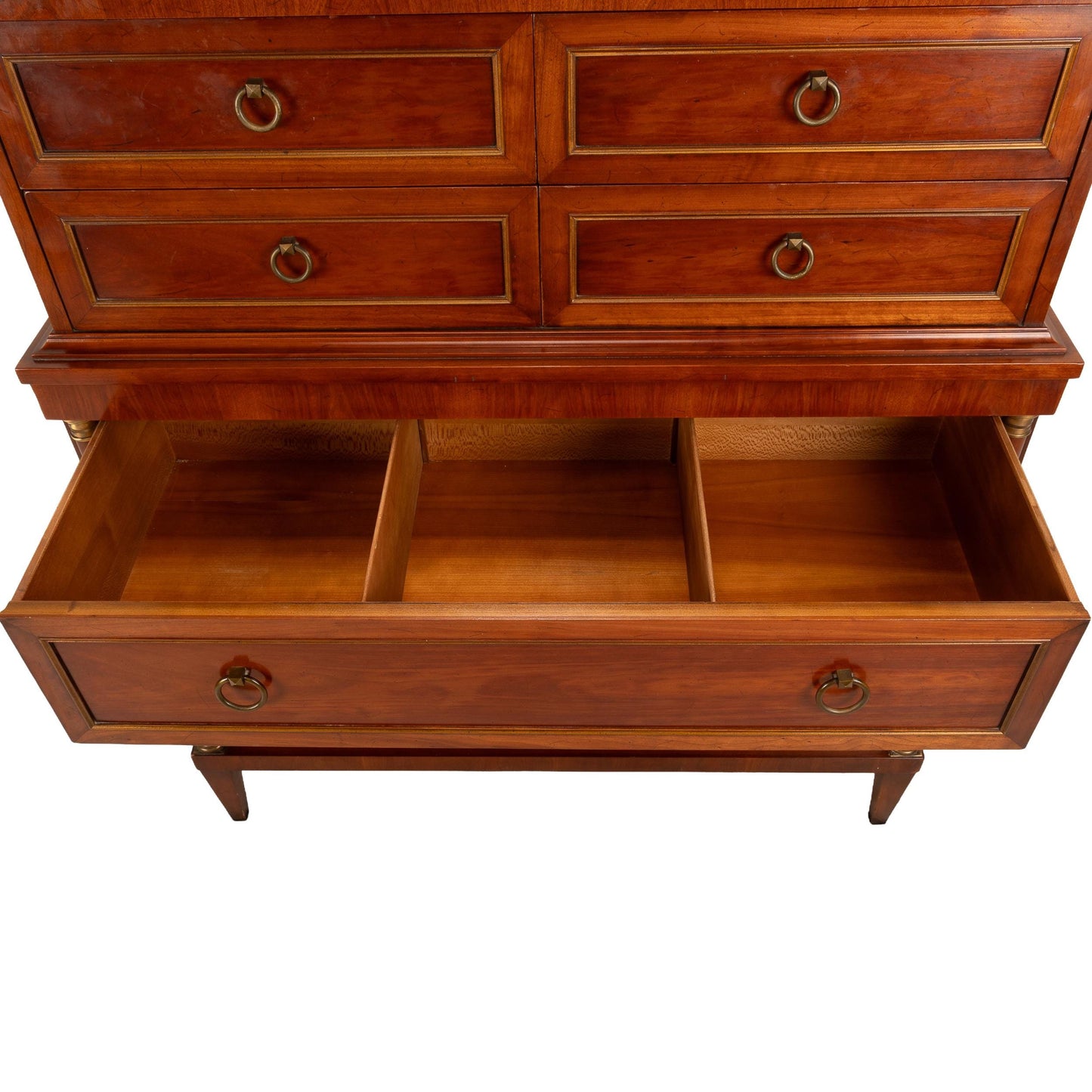 1940s Louis XVI Empire Style Highboy Dresser Brass Hardware, 7 Drawer French Inspired Chest, Vintage Bedroom Furniture, Art Deco Handles