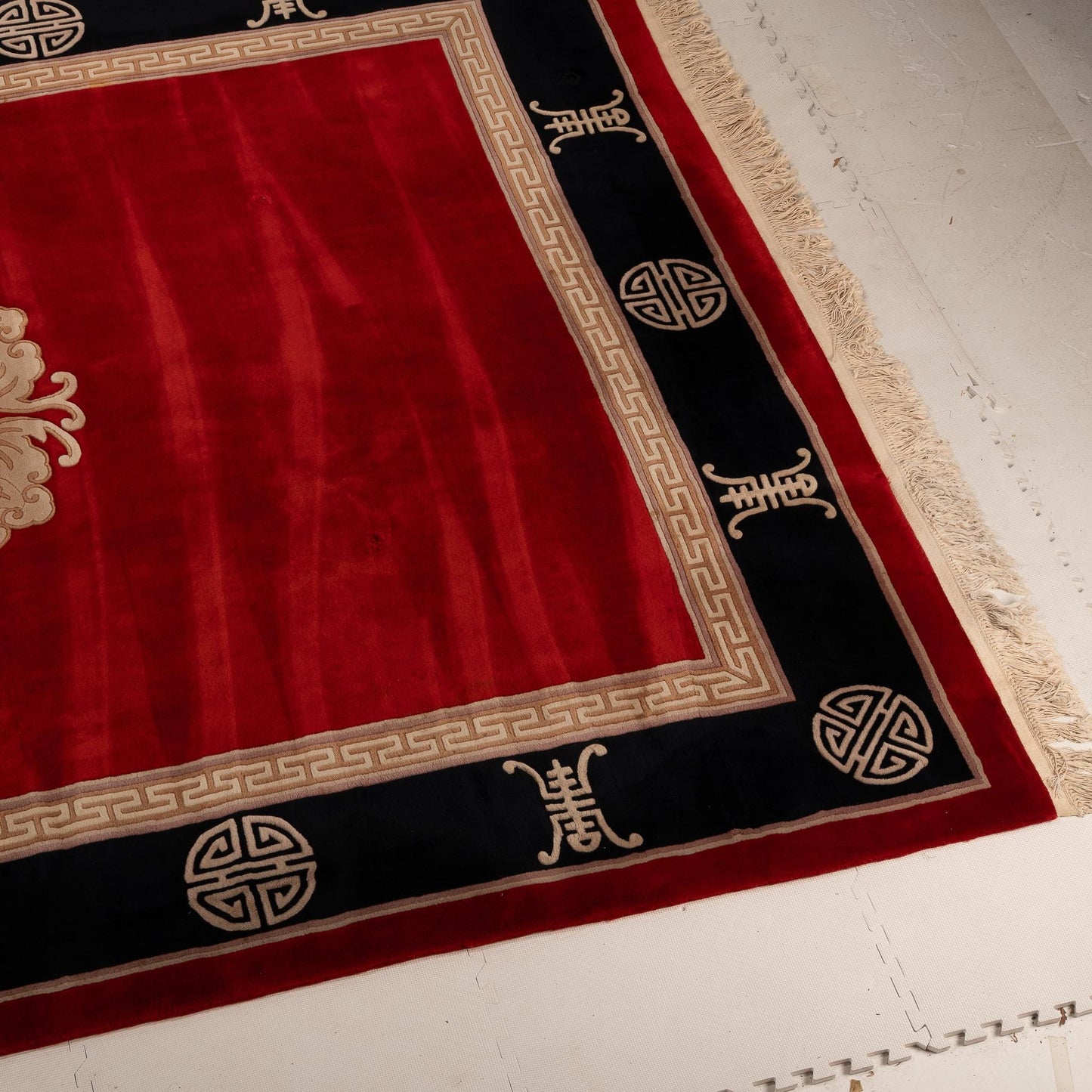 Vintage Chinese Art Deco Aubusson Rug 8.5x11.5' Red & Black Asian Style 100% Wool Hand Made Shou Symbol Thick Pile Carpet, A Beauty!