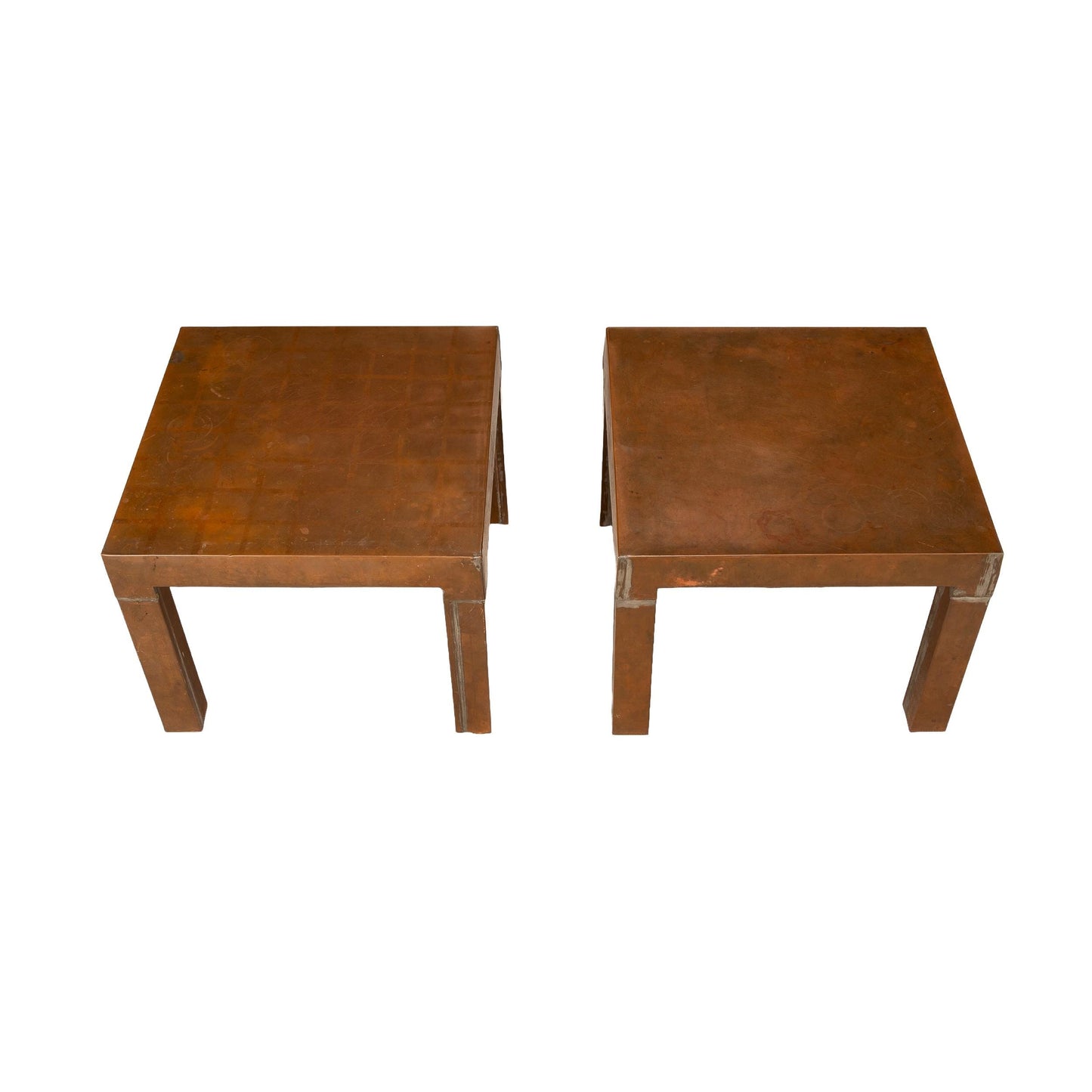 1970s Parsons Style Copper Clad Side Tables – Square Low Accent Tables Vintage Modern Brutalist 17x17x13.25 Inch – Pair