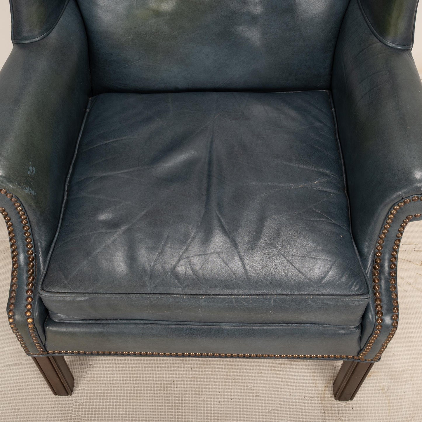 Ethan Allen Chippendale Wingback Chair & Ottoman – Blue 100% Leather Armchair – Brass Nailhead Studs – Vintage Library or Study Chair