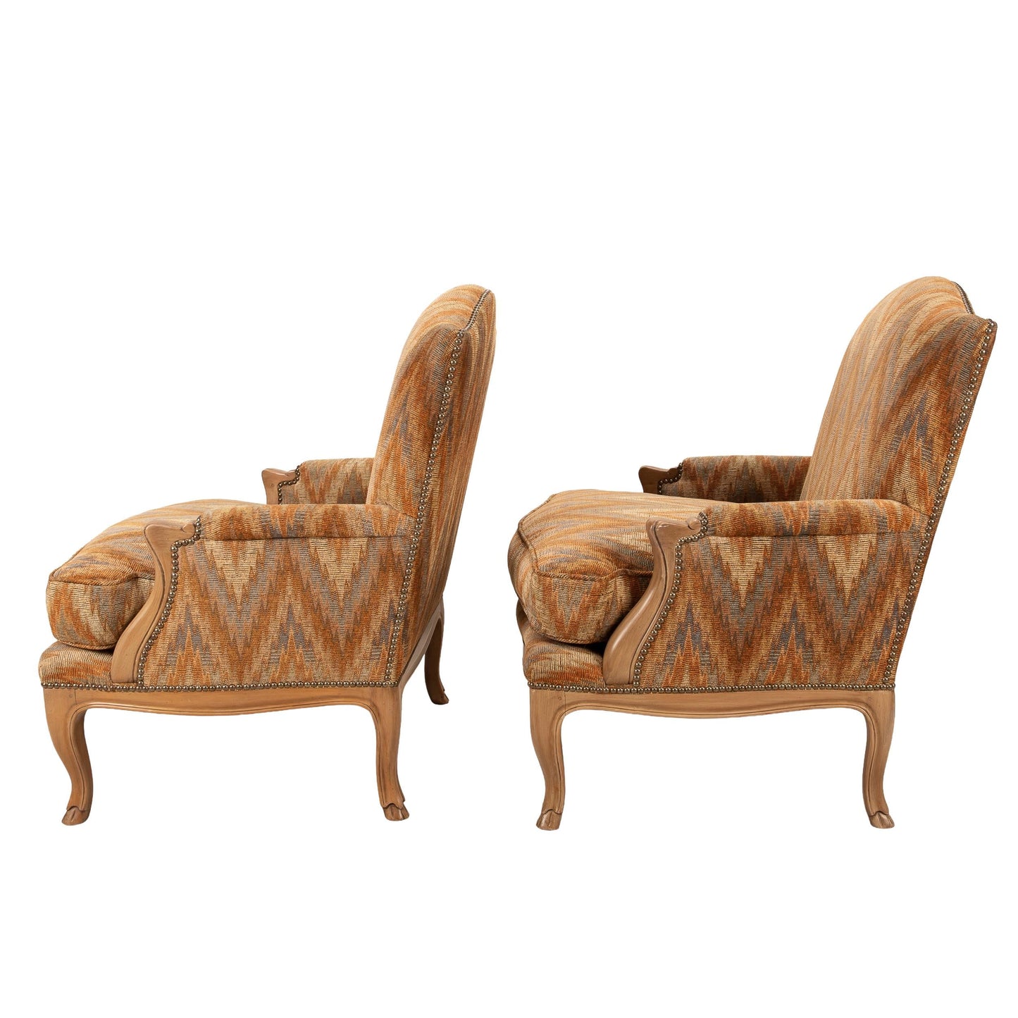 Louis XV Style Chevron Print Brass Studded Bergère Chairs by William Switzer – Pair, Vintage French Style Accent Seating