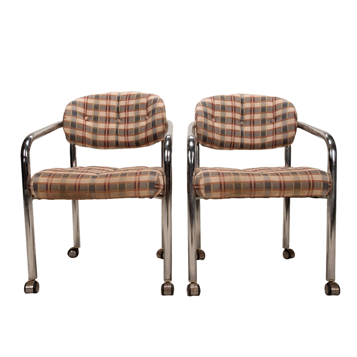 Pair of 1980s Chromcraft for Maas Brothers Postmodern Tubular Chrome Rolling Arm Chairs – Vintage Sculptural Office or Accent Seating