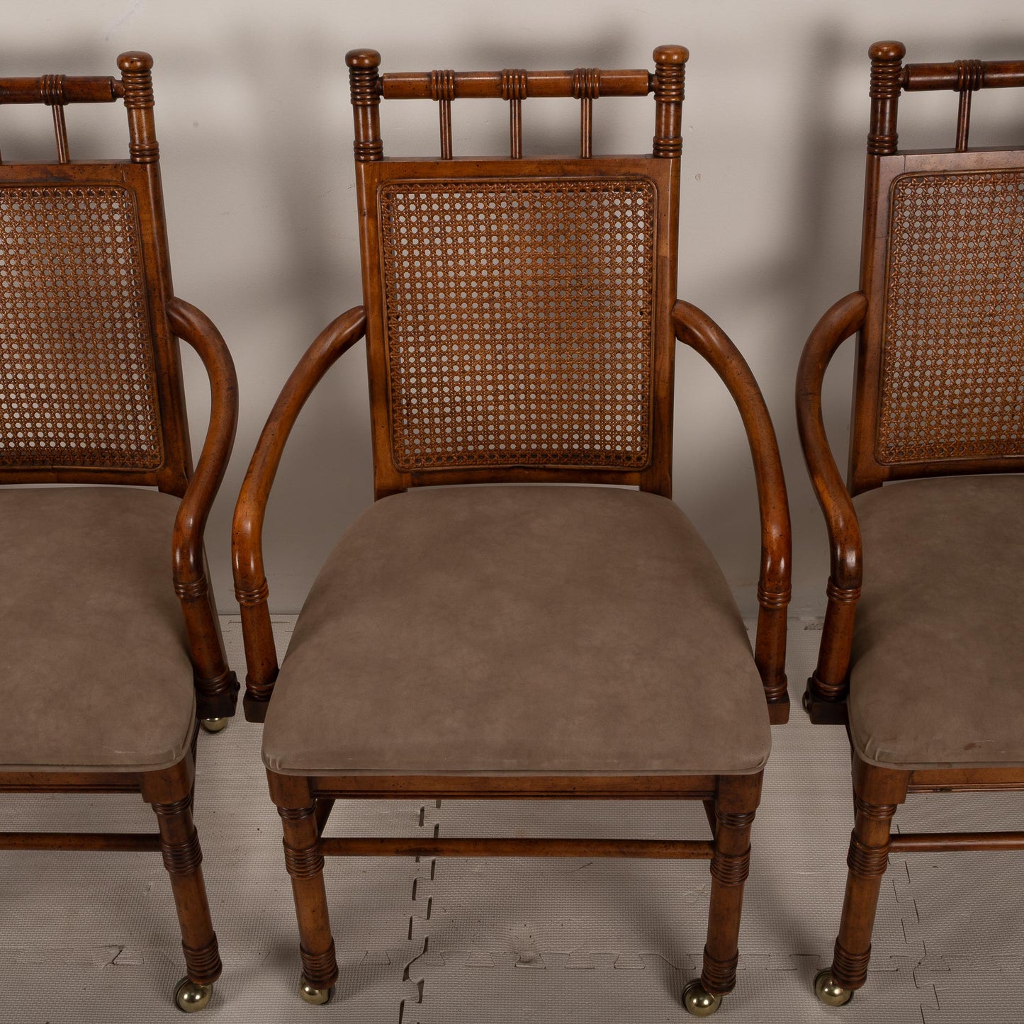 Vintage Stanley Furniture Co. Faux Bamboo Cane Back Rolling Arm Chairs - Set of 4 , Boho Tropical Beach Style, USA Shipping Available