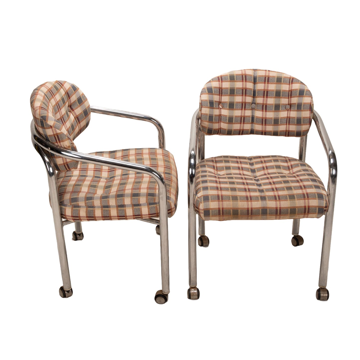 Pair of 1980s Chromcraft for Maas Brothers Postmodern Tubular Chrome Rolling Arm Chairs – Vintage Sculptural Office or Accent Seating