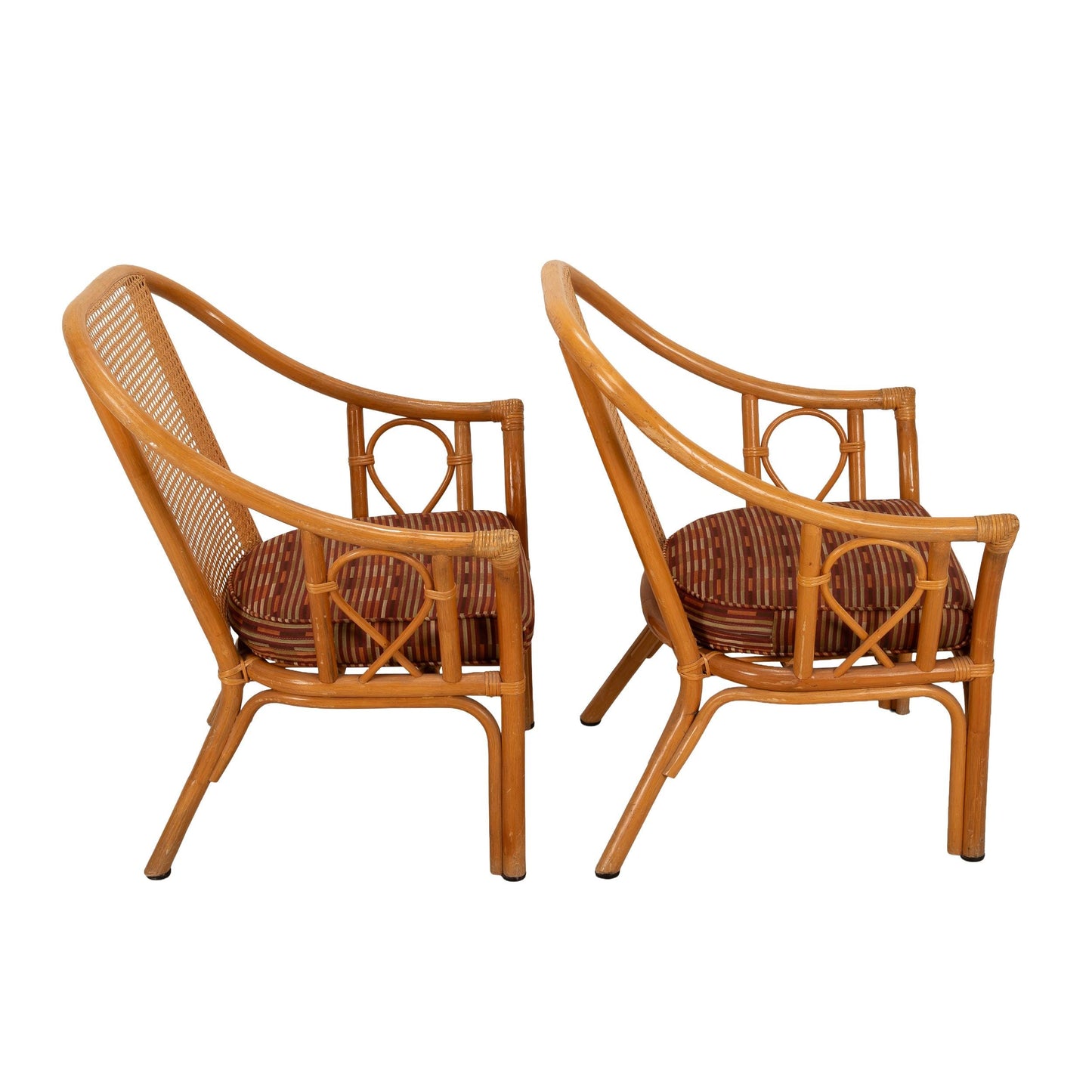 Mid Century Cane and Bamboo Coastal Side Chairs W/ Cushions & Caned Backs - A Pair, Tropical Palm Beach Style Decor