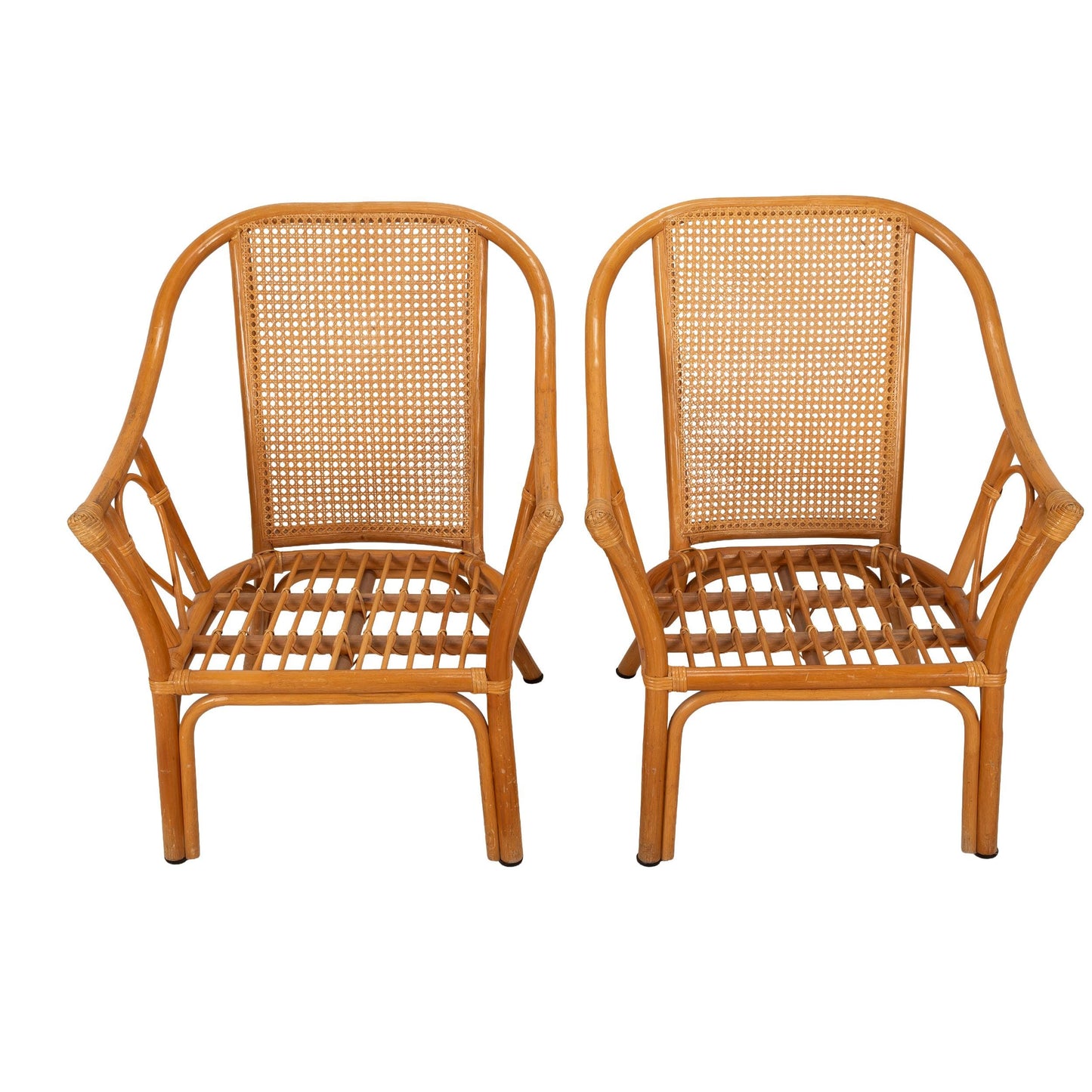 Mid Century Cane and Bamboo Coastal Side Chairs W/ Cushions & Caned Backs - A Pair, Tropical Palm Beach Style Decor