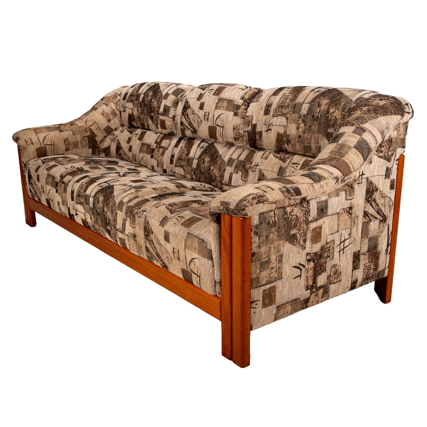 1980s Scandinavian Mid Century Modern Style Teak Upholstered Sofa Postmodern Print Fabric Statement Piece Unique Furniture
