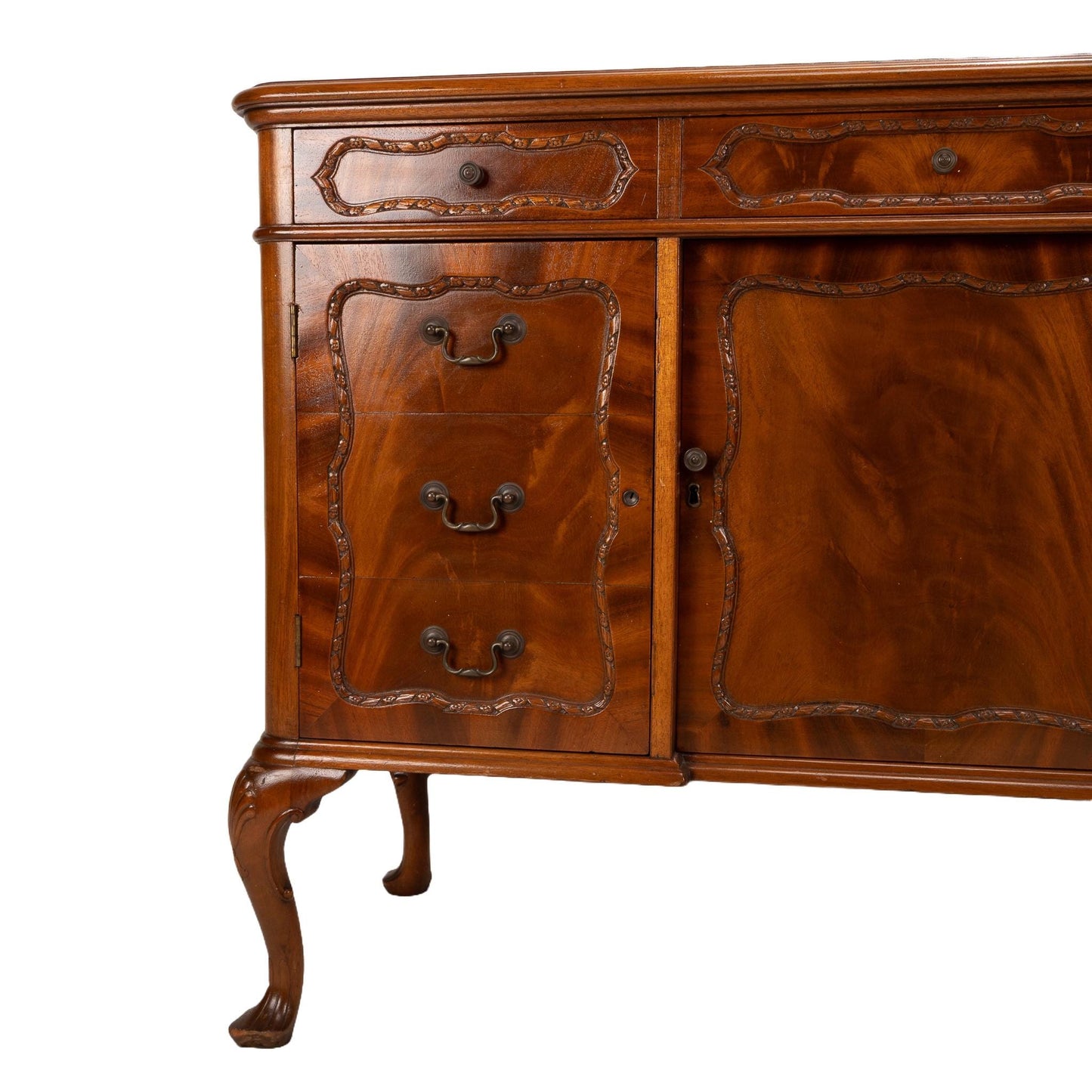 Antique French Provincial Style Flamed Mahogany Sideboard Buffet - High End Furniture, Gorgeous Burl Wood Pattern, USA Shipping Available