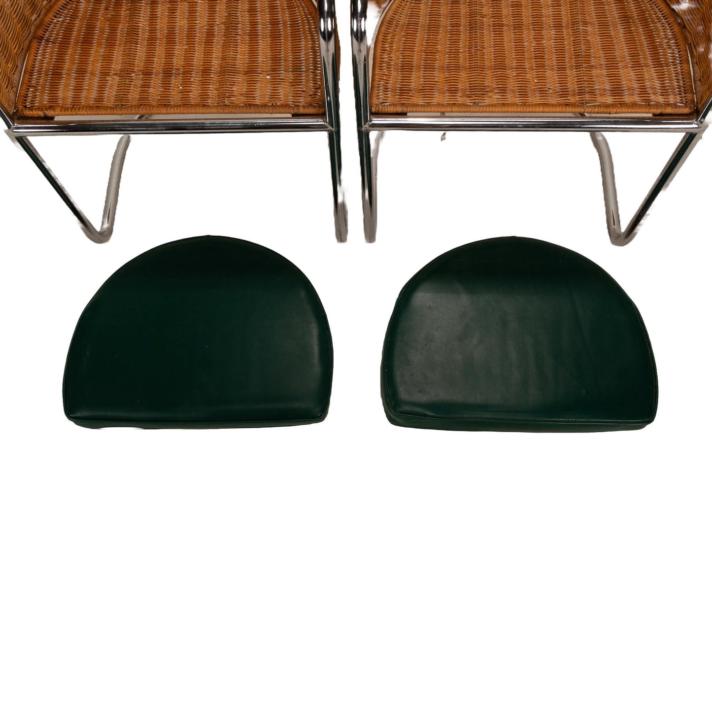 Harvey Probber Style Italian Cantilever Chrome and Wicker Dining Chairs - A Pair , Unique Pop Piece Tub Seats USA Shipping Available