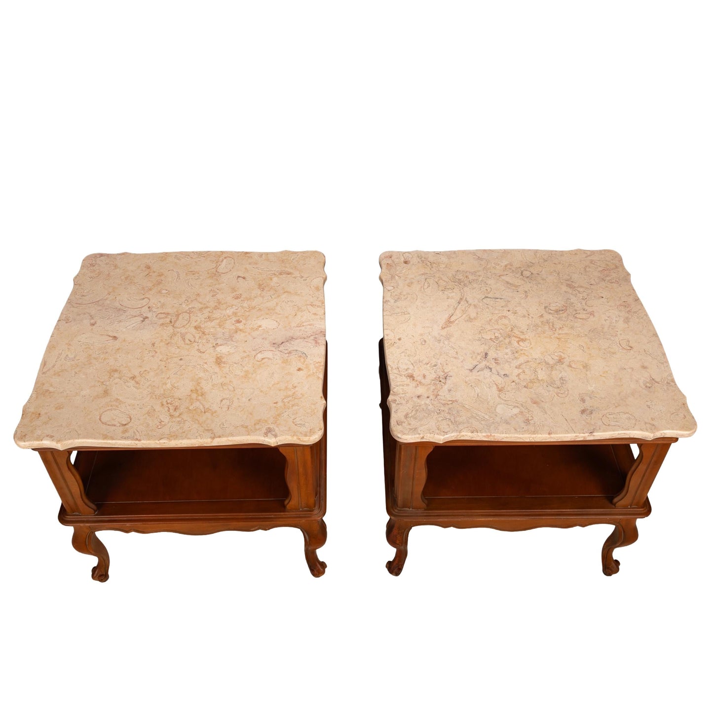 Pair Vintage Queen Anne Carved Side Tables with Portuguese Cream Marble Tops - Classic Traditional Accent End Tables