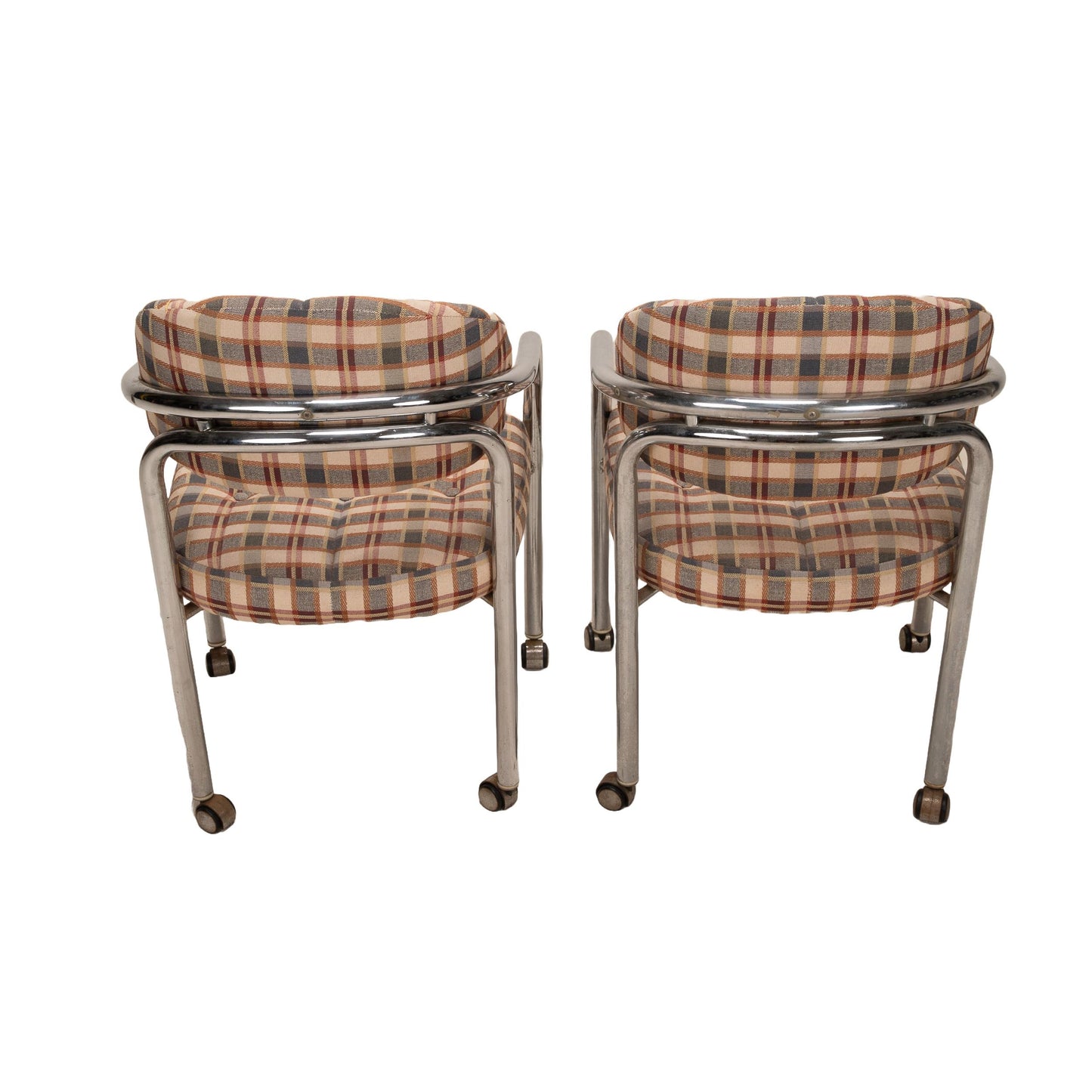 Pair of 1980s Chromcraft for Maas Brothers Postmodern Tubular Chrome Rolling Arm Chairs – Vintage Sculptural Office or Accent Seating