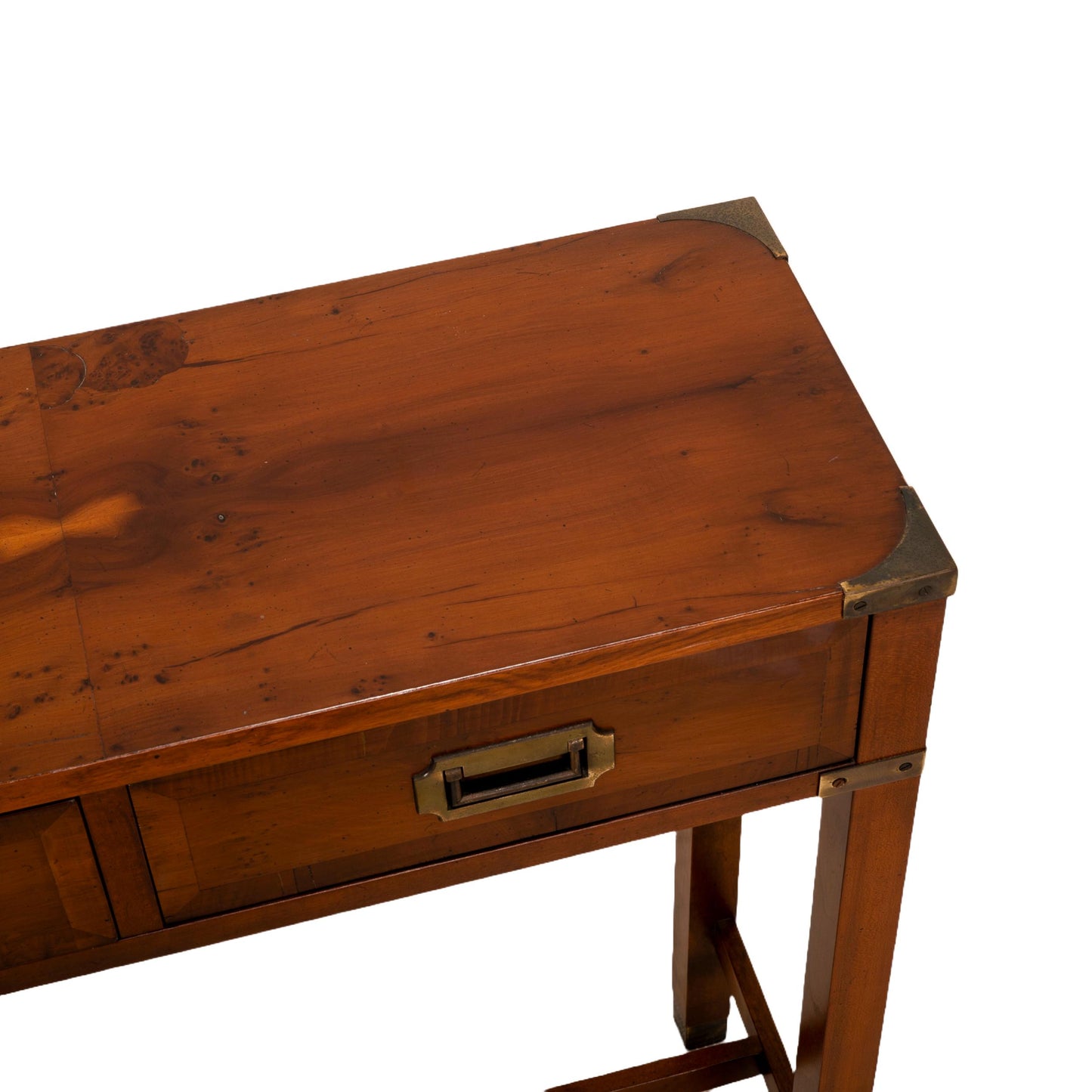 Vintage "Yew Tree" Campaign Style Console Table by Hekman , Hallway / Entry / Bedroom / Closet Table Unique Veneer Pattern Brass Hardware