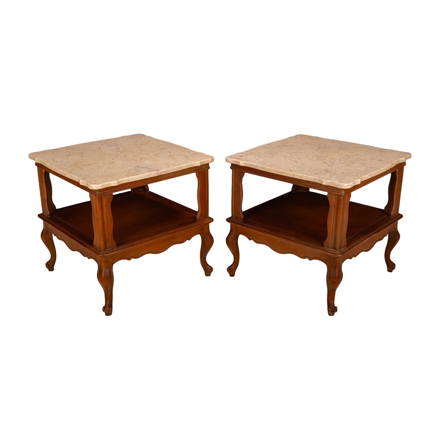Pair Vintage Queen Anne Carved Side Tables with Portuguese Cream Marble Tops - Classic Traditional Accent End Tables