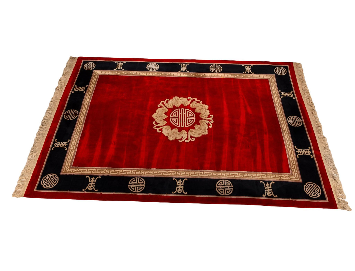 Vintage Chinese Art Deco Aubusson Rug 8.5x11.5' Red & Black Asian Style 100% Wool Hand Made Shou Symbol Thick Pile Carpet, A Beauty!