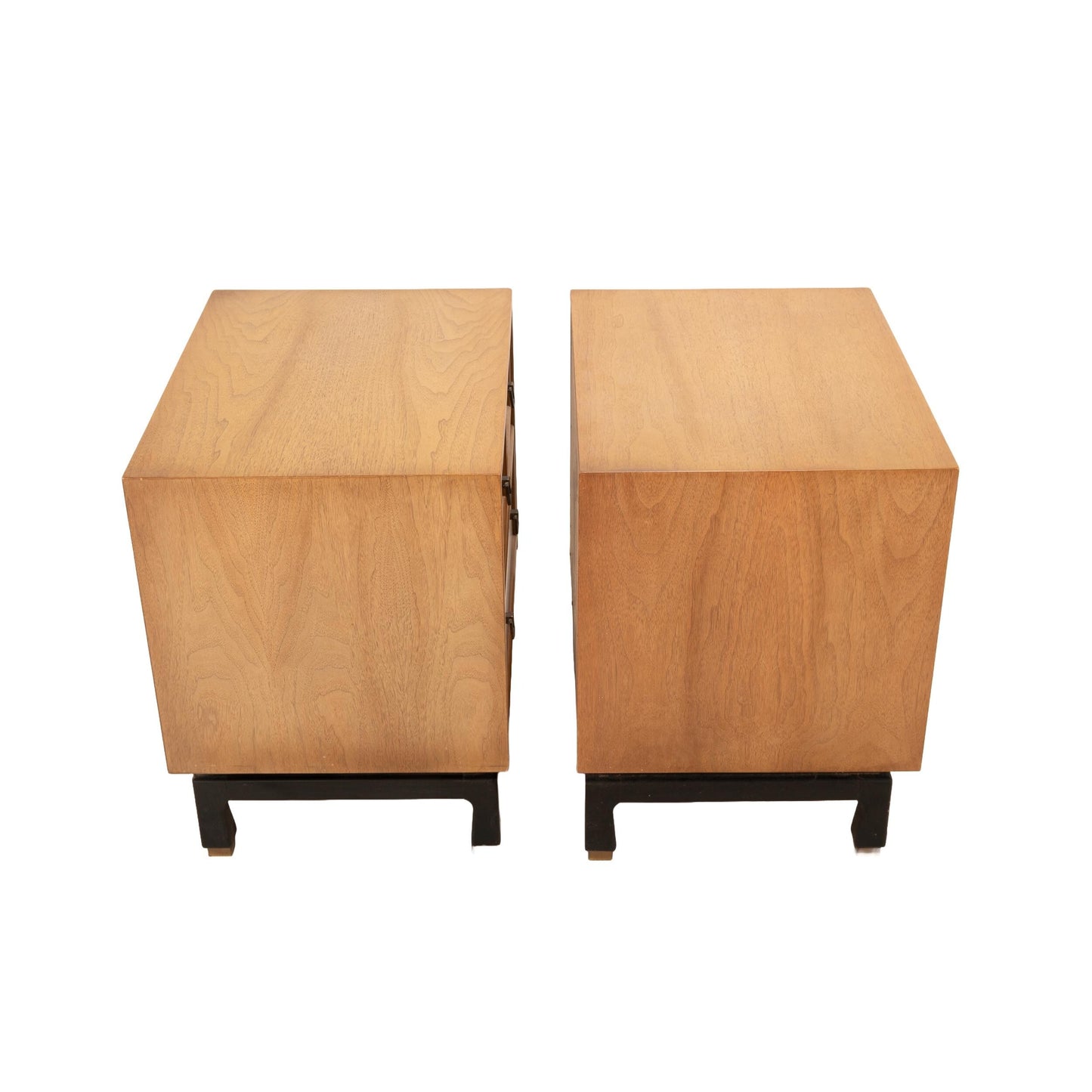 Pair of American of Martinsville Nightstands – Asian Inspired Blonde Walnut, Mid Century Modern 3-Drawer Side Tables, Vintage MCM