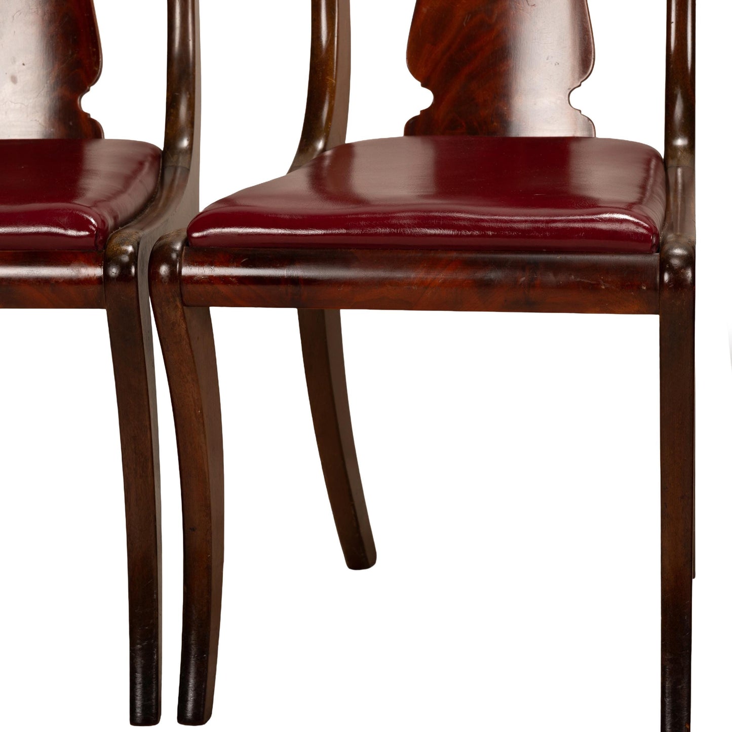 Antique 19th Century Flame Mahogany Gondola Dining Chairs with Saber Legs – Set of 4, Vintage Neoclassical Dining Seating