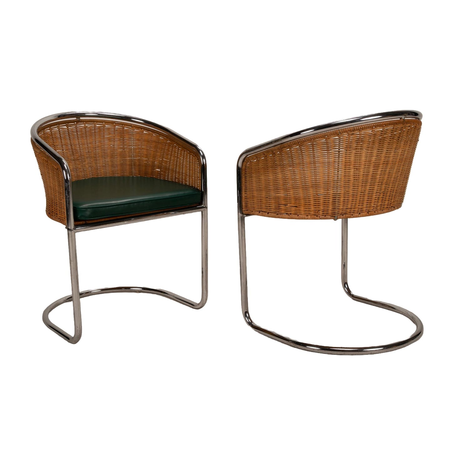 Harvey Probber Style Italian Cantilever Chrome and Wicker Dining Chairs - A Pair , Unique Pop Piece Tub Seats USA Shipping Available