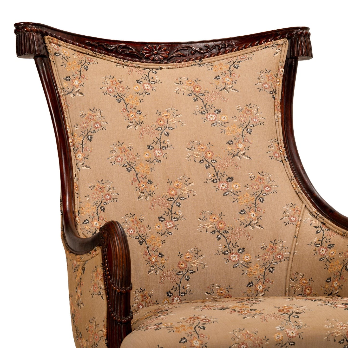 1940s Grosfeld House Carved Mahogany Tassel Back Dorothy Draper Style Bergere Chairs - A Pair Hollywood Regency Tassel Swag USA Ship Avail
