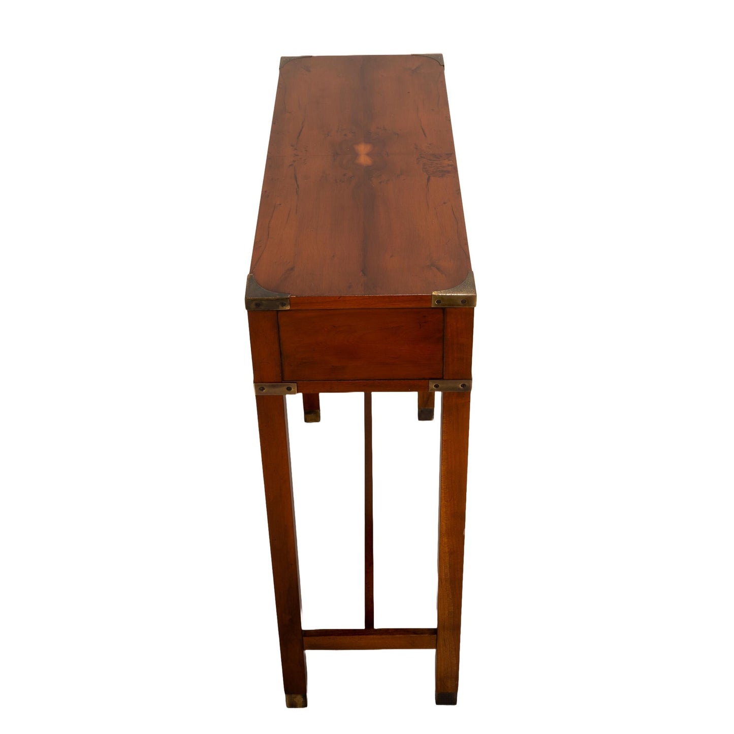 Vintage "Yew Tree" Campaign Style Console Table by Hekman , Hallway / Entry / Bedroom / Closet Table Unique Veneer Pattern Brass Hardware