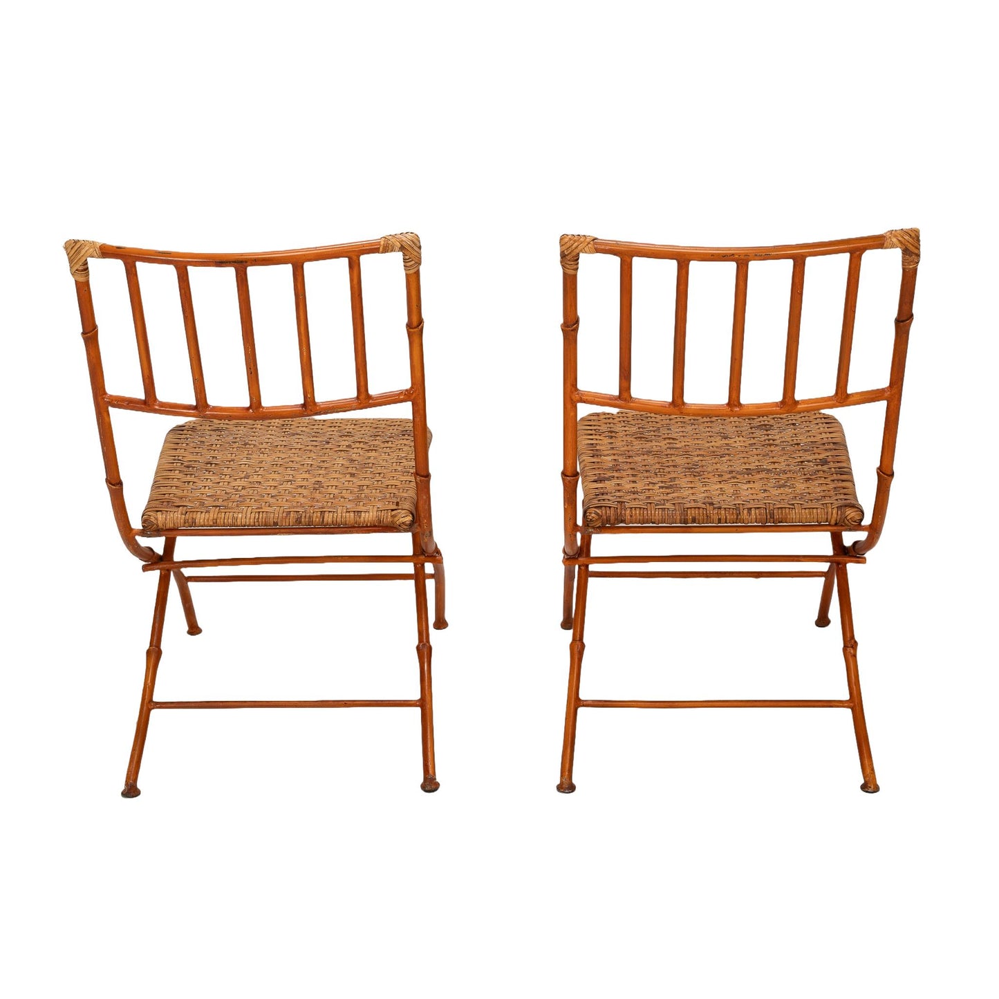 Mid Century Pair of French Iron Faux Bamboo & Wicker Folding Chairs - Boho Chic Unique Statement Pieces, Elegant Design, USA Shipping Avail.