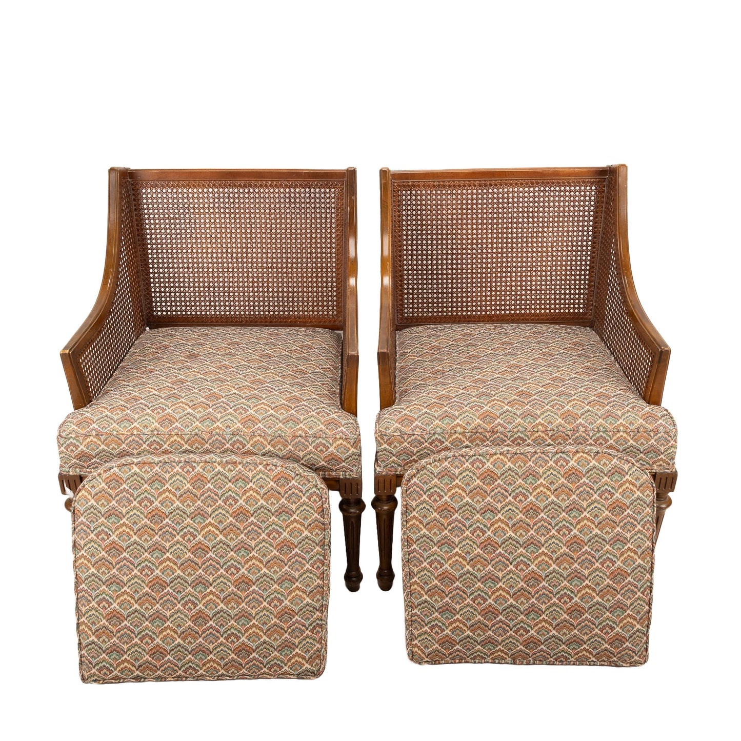 Pair of 1960s French Caned Bergère Chairs – Hollywood Regency Style with Flamestitch Upholstery, Vintage Armchairs Accent Seating