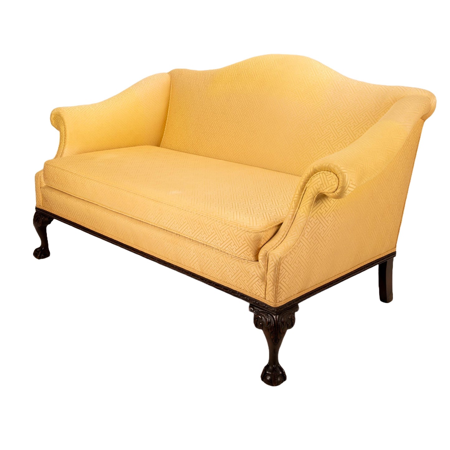 Vintage 1940s English Camelback Claw Footed Chippendale Upholstered Settee Loveseat Sofkka English Style, Original Upholstery , Gorgeous Piece
