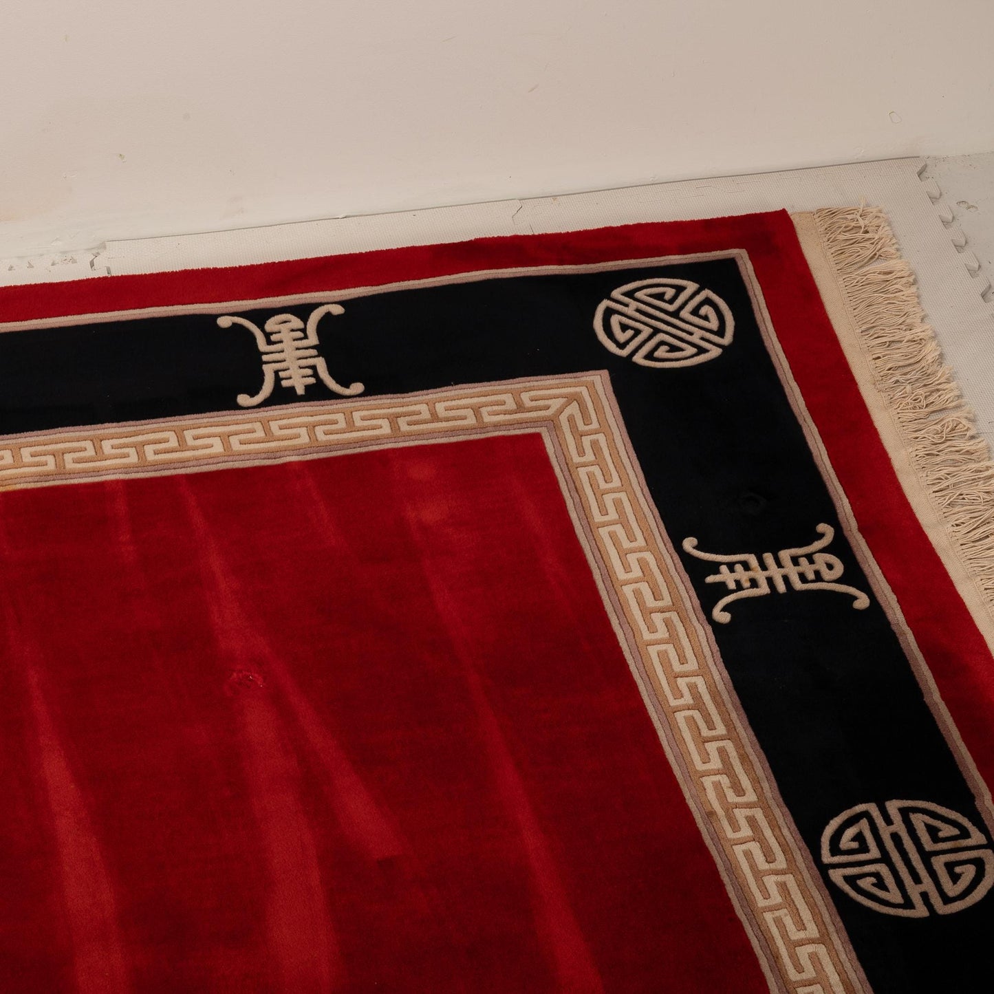 Vintage Chinese Art Deco Aubusson Rug 8.5x11.5' Red & Black Asian Style 100% Wool Hand Made Shou Symbol Thick Pile Carpet, A Beauty!