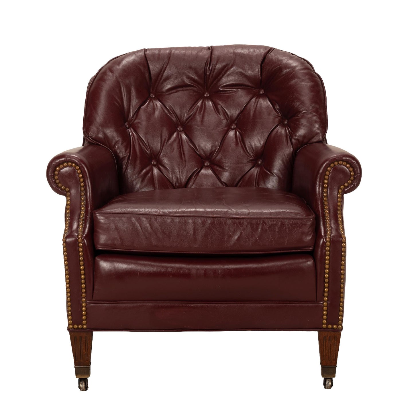 1980s Leathercraft Kirkland Armchair in Burgundy, Tufted Leather with Brass Studs, Vintage Leather Accent Chair, Classic Leather Seating