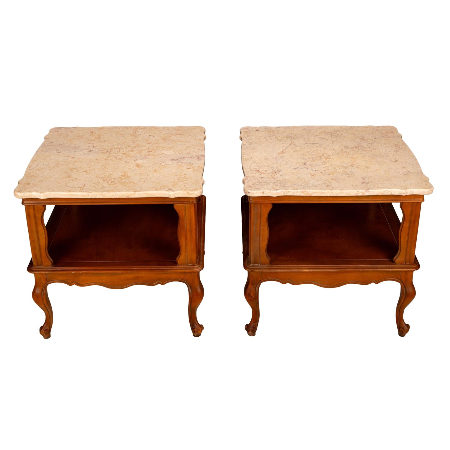 Pair Vintage Queen Anne Carved Side Tables with Portuguese Cream Marble Tops - Classic Traditional Accent End Tables