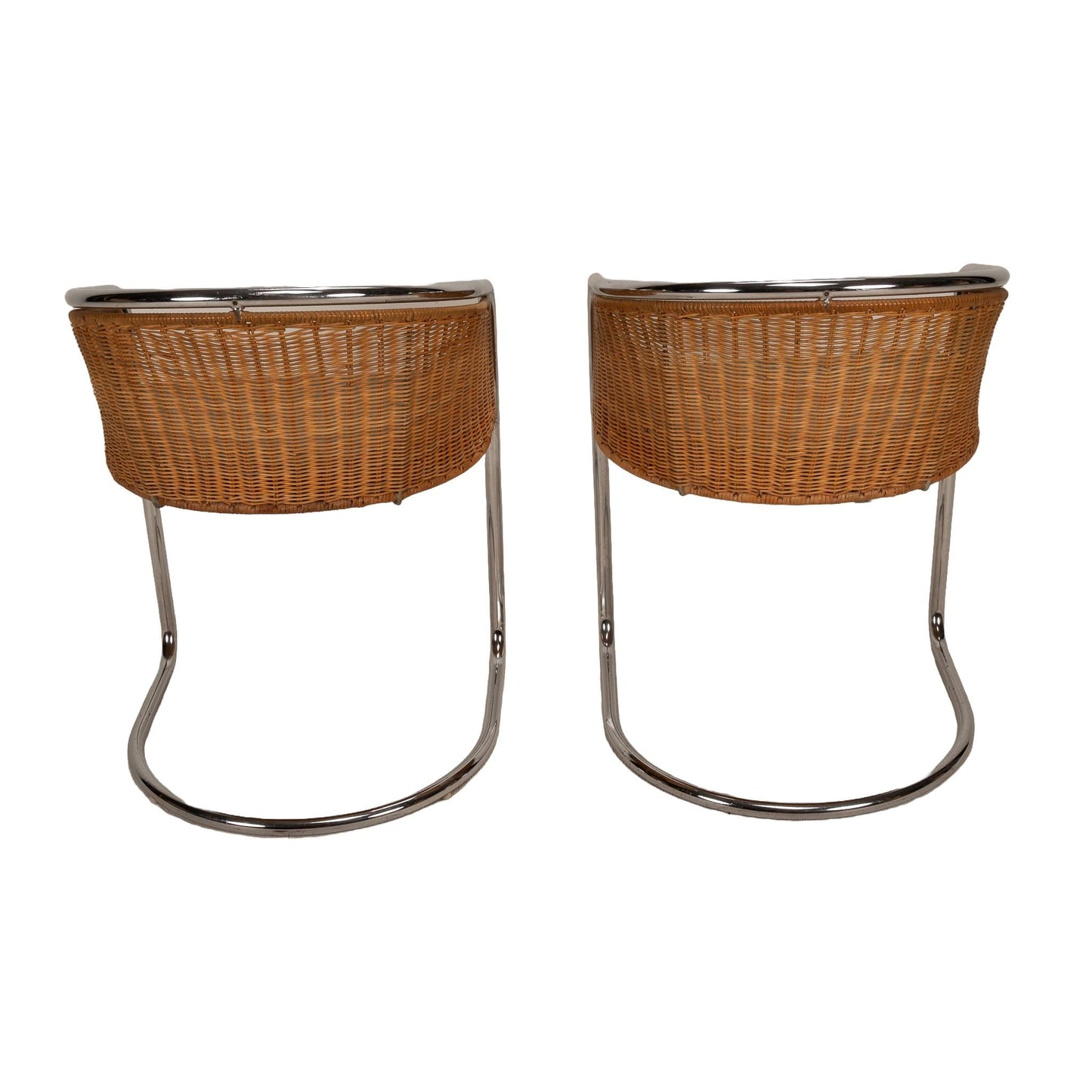 Harvey Probber Style Italian Cantilever Chrome and Wicker Dining Chairs - A Pair , Unique Pop Piece Tub Seats USA Shipping Available