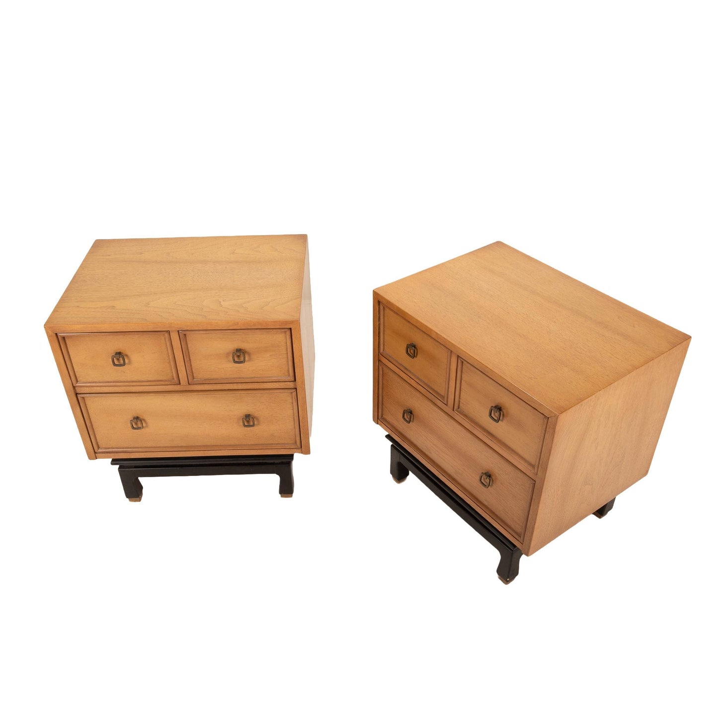 Pair of American of Martinsville Nightstands – Asian Inspired Blonde Walnut, Mid Century Modern 3-Drawer Side Tables, Vintage MCM