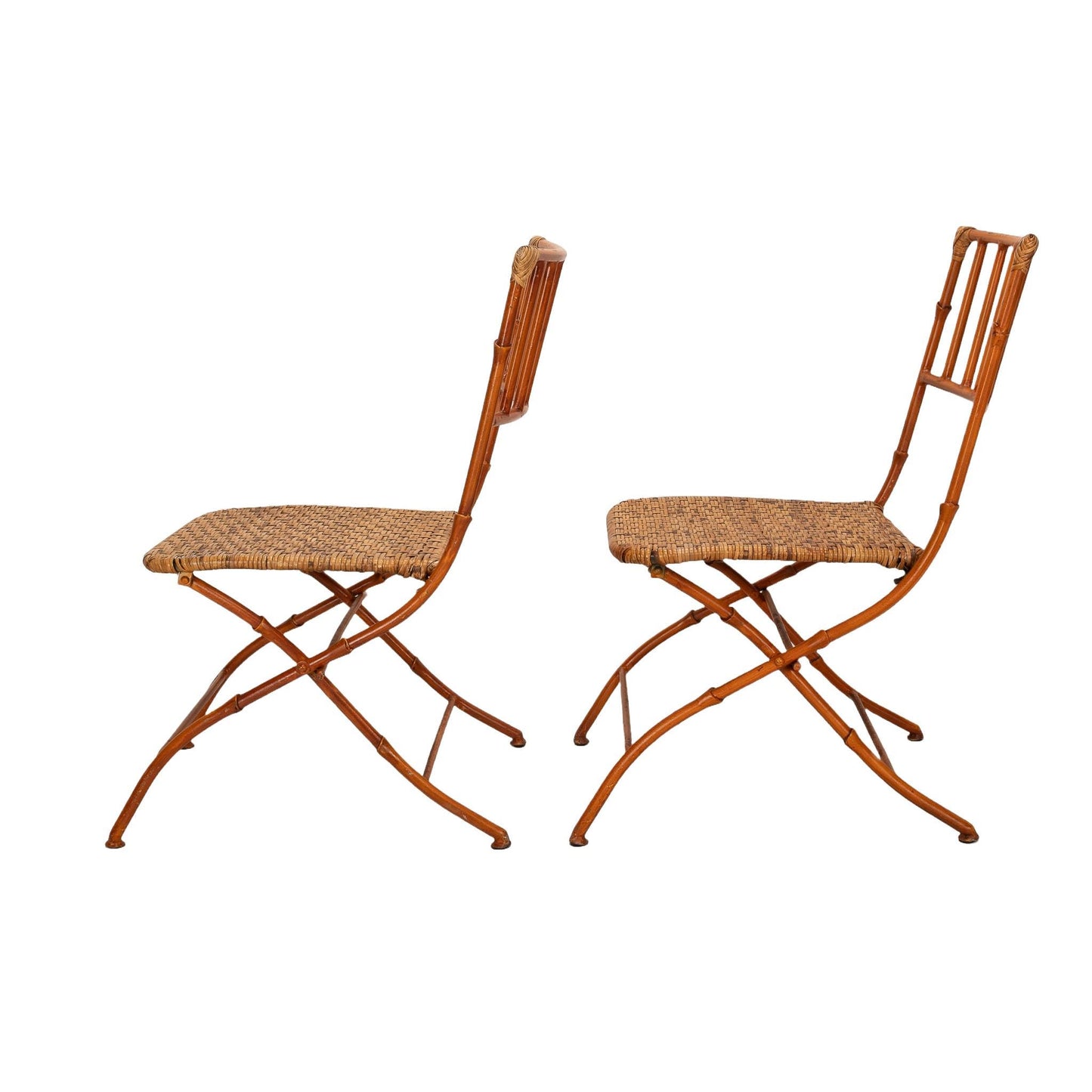 Mid Century Pair of French Iron Faux Bamboo & Wicker Folding Chairs - Boho Chic Unique Statement Pieces, Elegant Design, USA Shipping Avail.