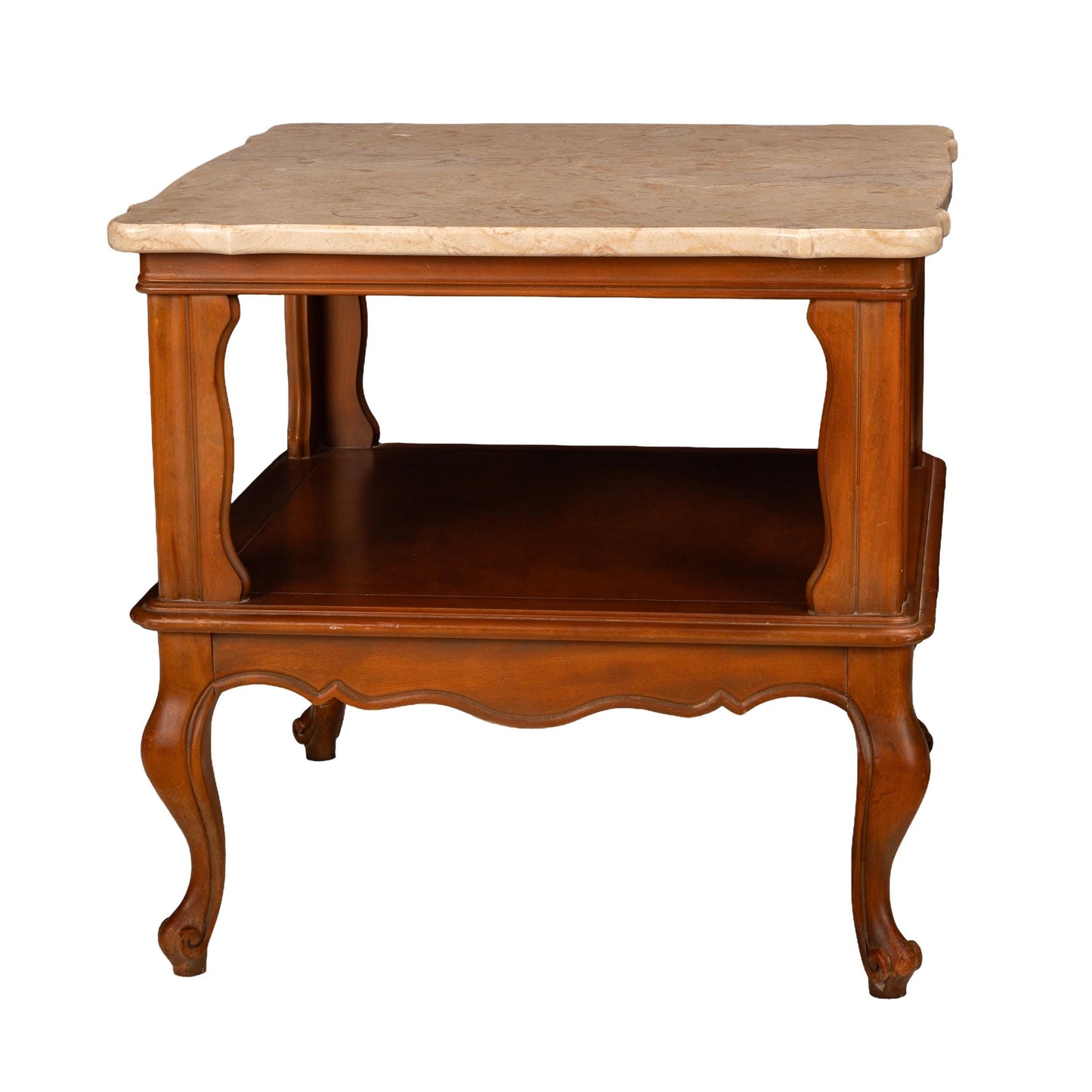 Pair Vintage Queen Anne Carved Side Tables with Portuguese Cream Marble Tops - Classic Traditional Accent End Tables